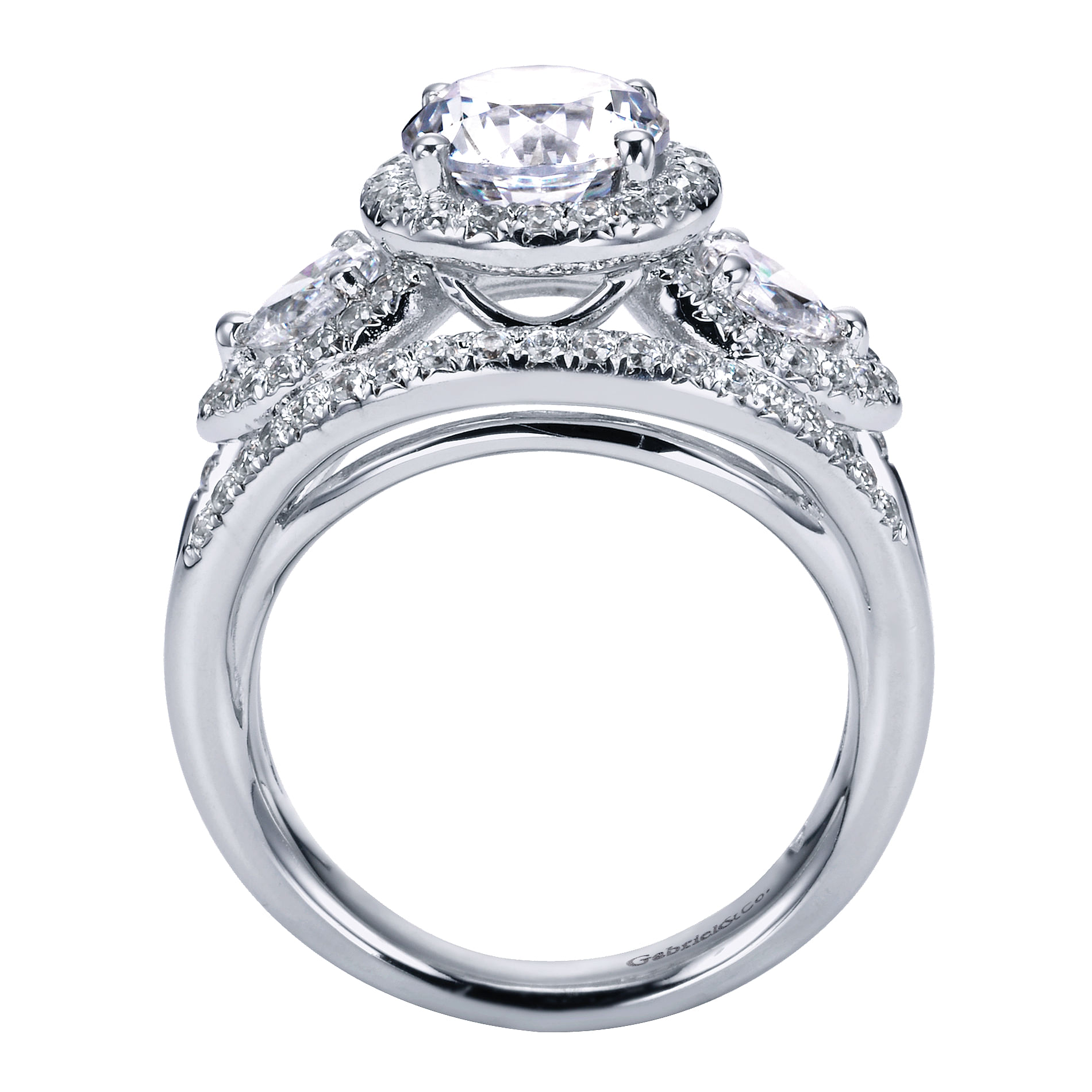 14k White Gold Diamond 3 Stones Halo Engagement Ring angle 2 14k White Gold Diamond 3 Stones Halo Engagement Ring angle 2