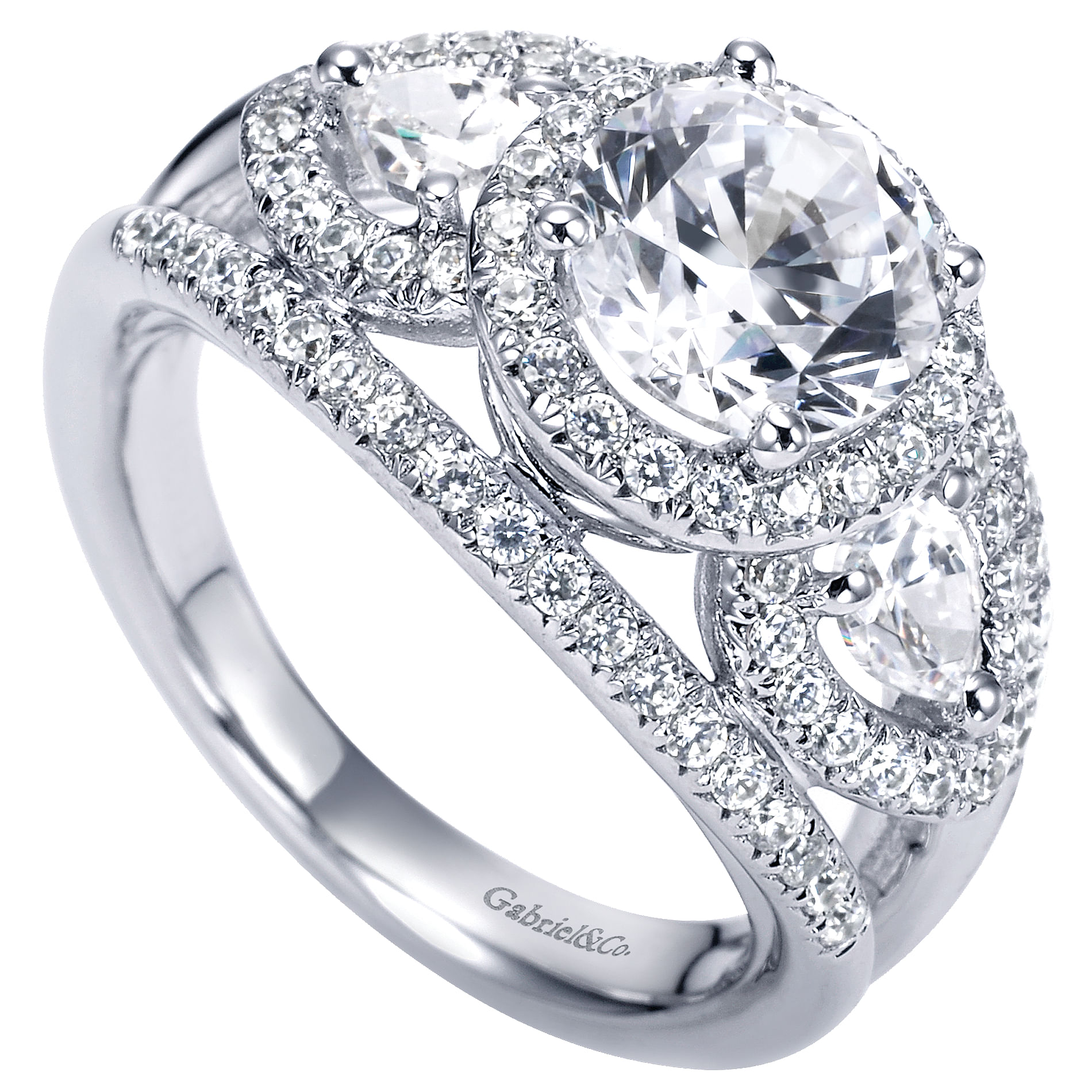 14k White Gold Diamond 3 Stones Halo Engagement Ring angle 3 14k White Gold Diamond 3 Stones Halo Engagement Ring angle 3