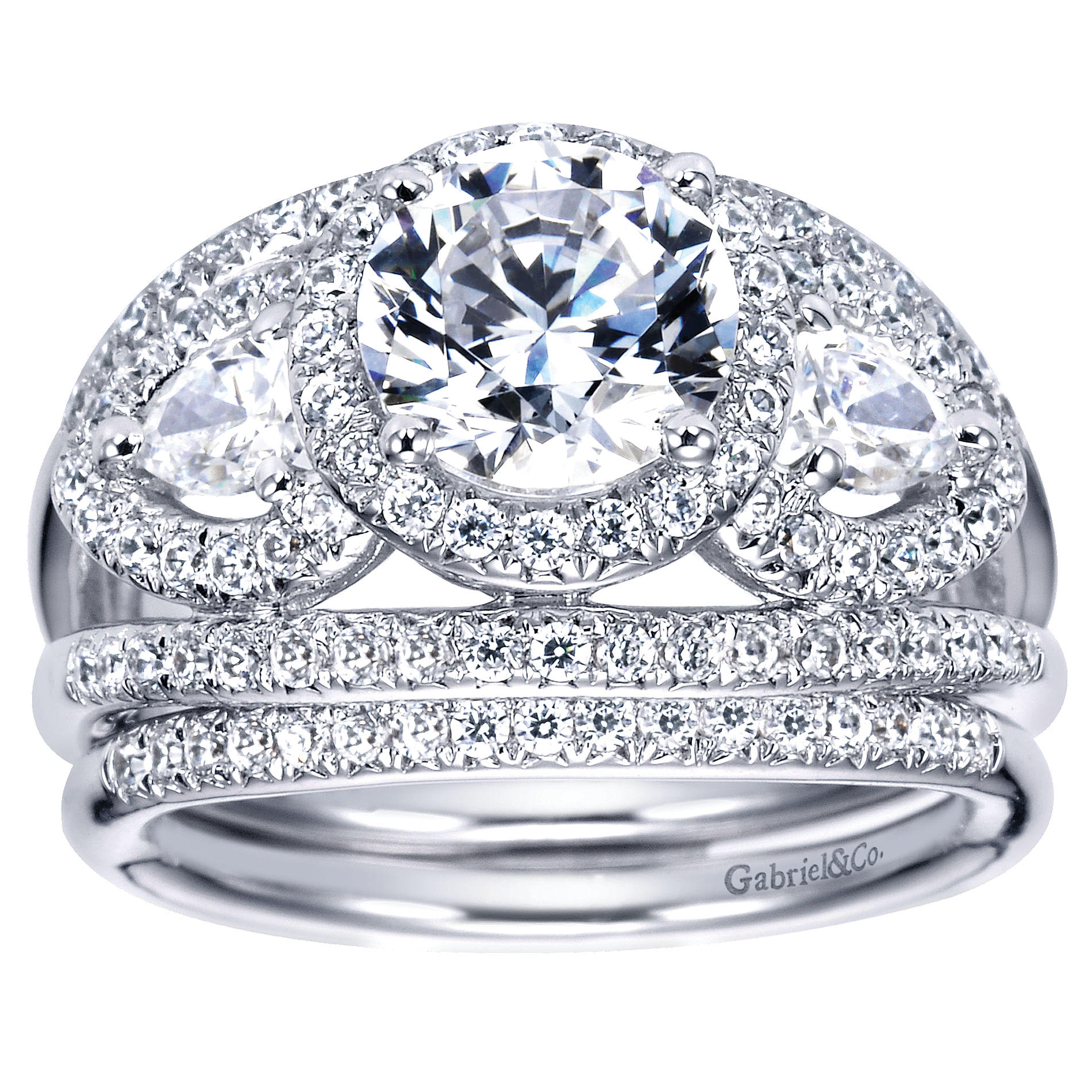 14k White Gold Diamond 3 Stones Halo Engagement Ring angle 4 14k White Gold Diamond 3 Stones Halo Engagement Ring angle 4