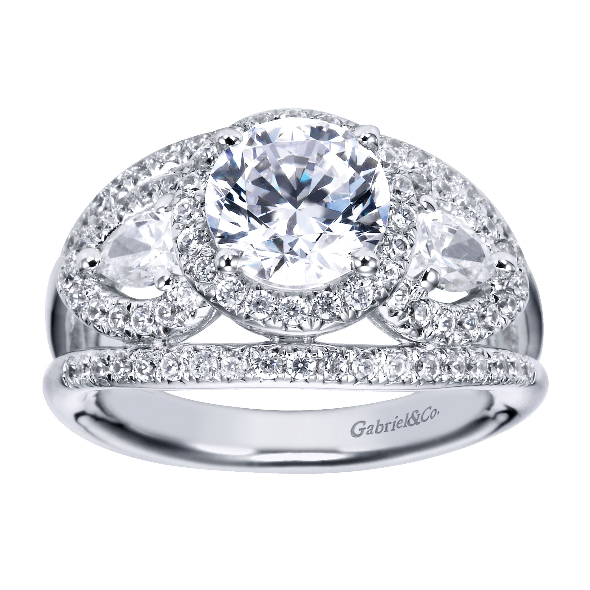 14k White Gold Diamond 3 Stones Halo Engagement Ring angle 5 14k White Gold Diamond 3 Stones Halo Engagement Ring angle 5