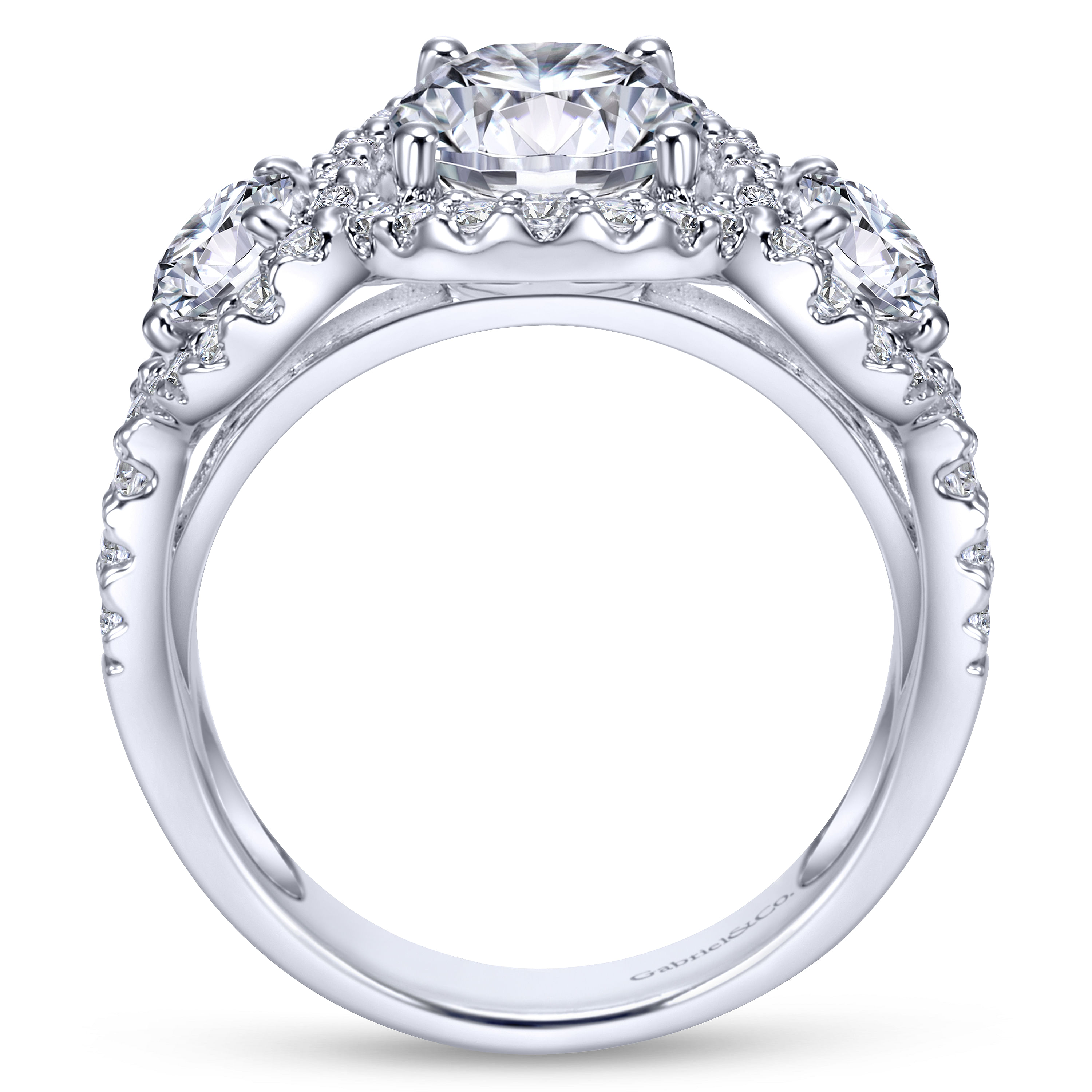 14k White Gold Diamond 3 Stones Halo Engagement Ring angle 2 14k White Gold Diamond 3 Stones Halo Engagement Ring angle 2