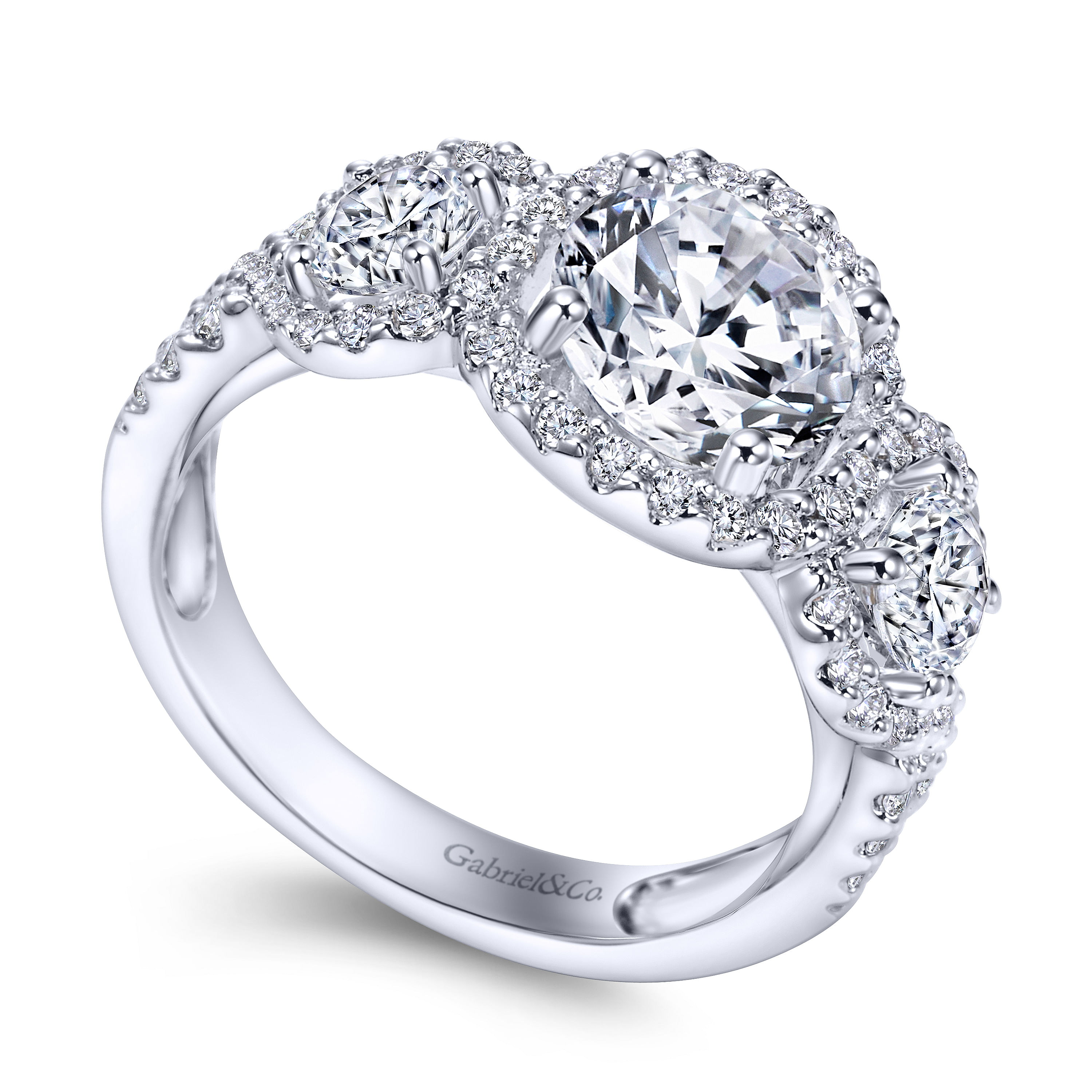 14k White Gold Diamond 3 Stones Halo Engagement Ring angle 3 14k White Gold Diamond 3 Stones Halo Engagement Ring angle 3