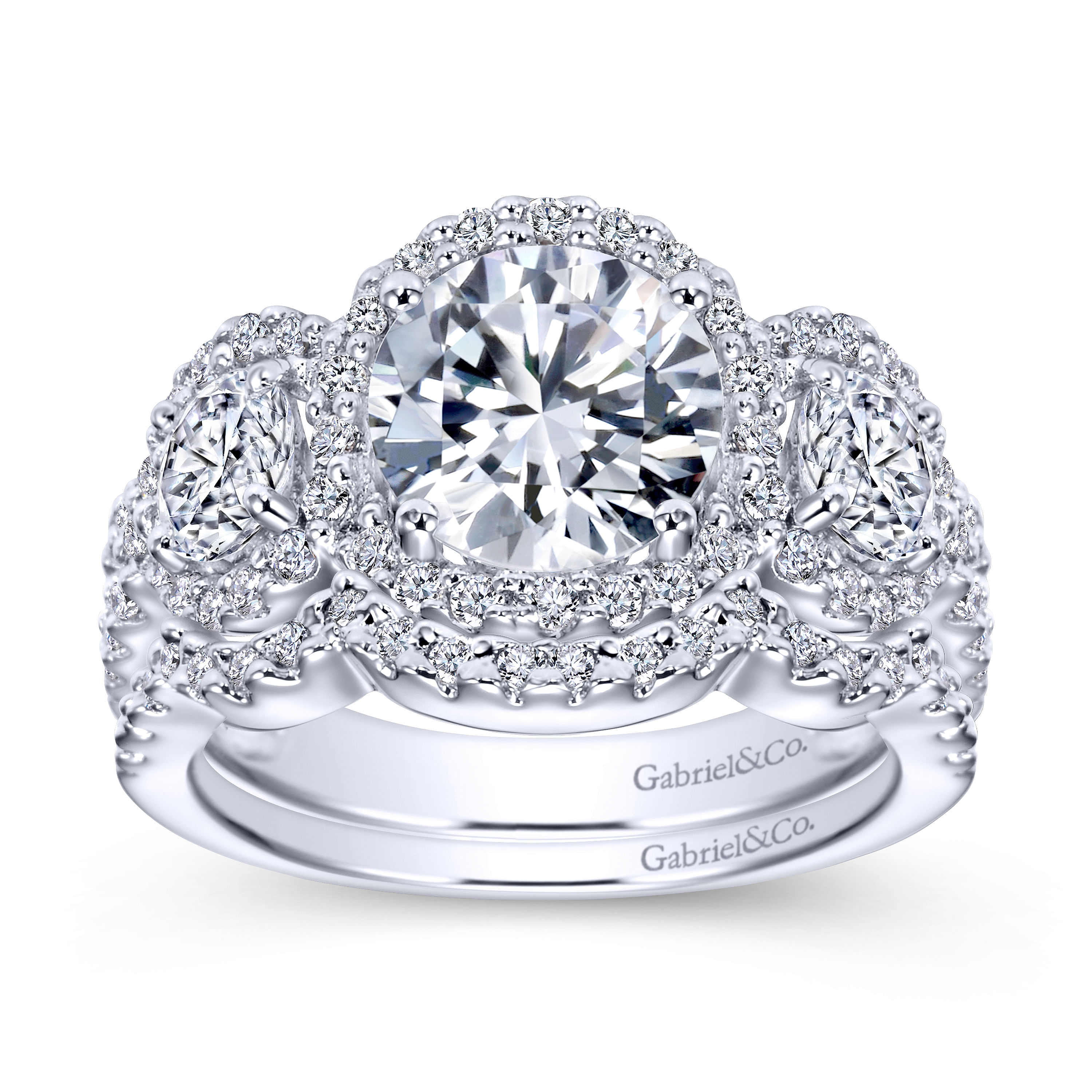14k White Gold Diamond 3 Stones Halo Engagement Ring angle 4 14k White Gold Diamond 3 Stones Halo Engagement Ring angle 4