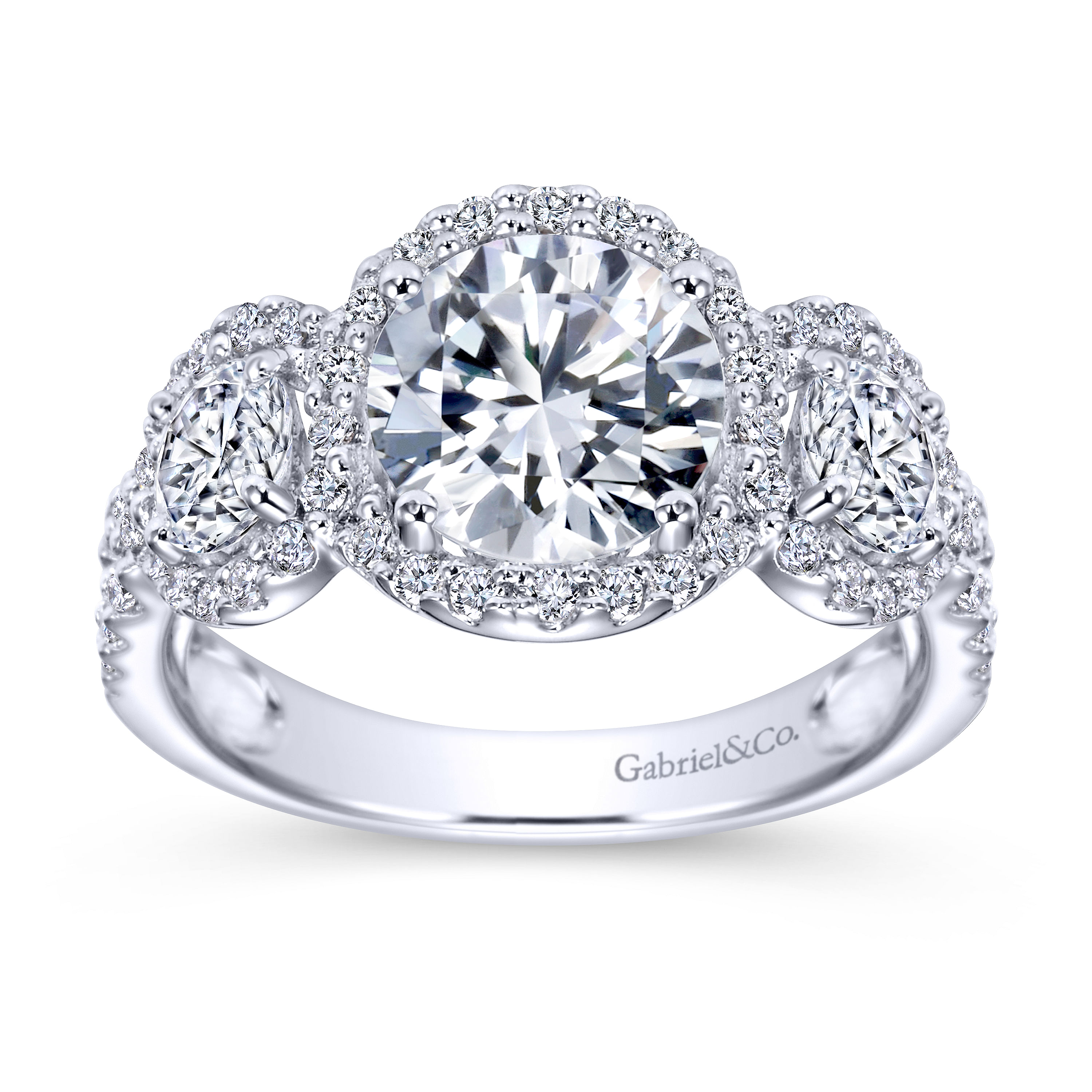 14k White Gold Diamond 3 Stones Halo Engagement Ring angle 5 14k White Gold Diamond 3 Stones Halo Engagement Ring angle 5