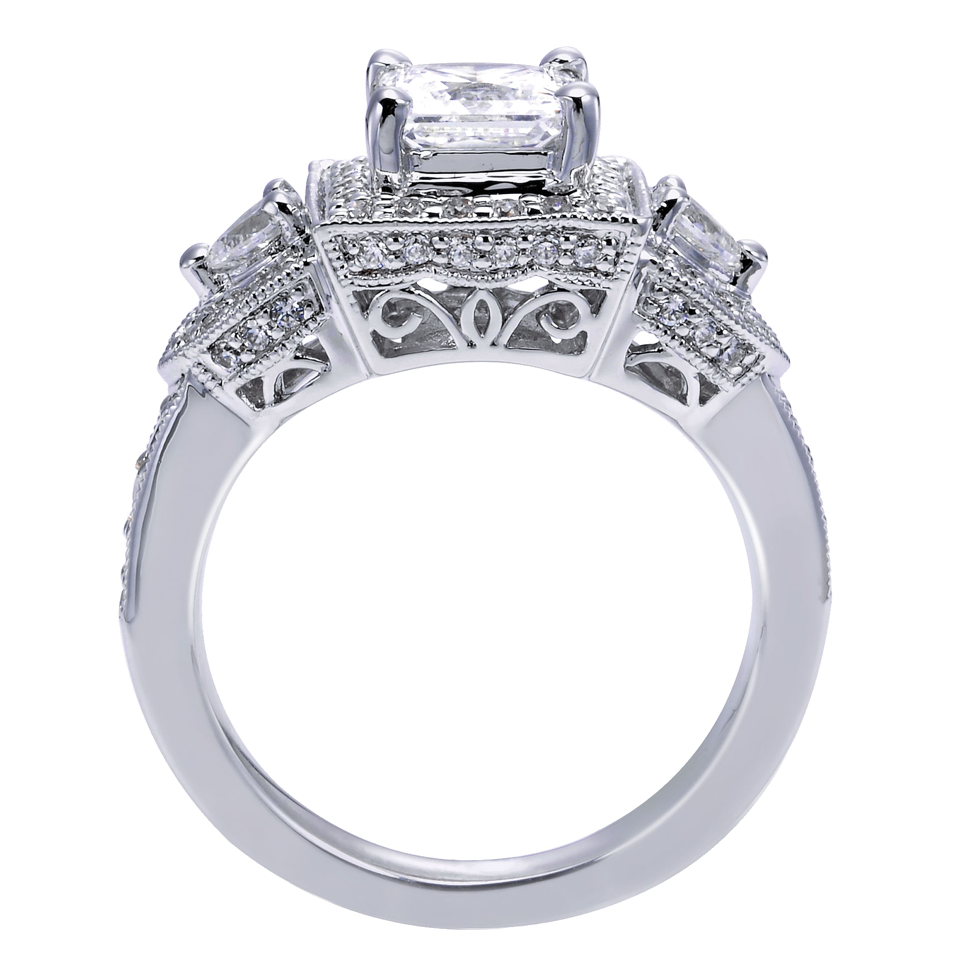 14k White Gold Diamond 3 Stones Halo Engagement Ring angle 2 14k White Gold Diamond 3 Stones Halo Engagement Ring angle 2