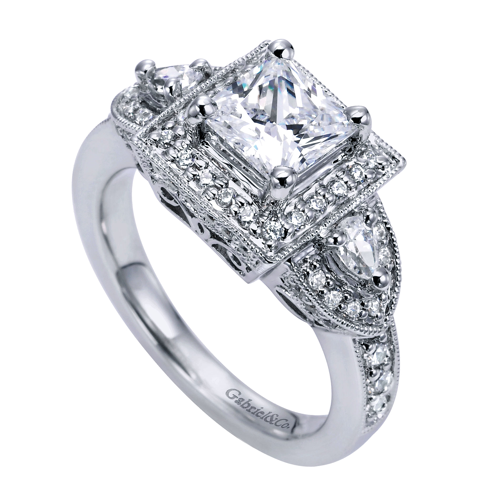 14k White Gold Diamond 3 Stones Halo Engagement Ring angle 3 14k White Gold Diamond 3 Stones Halo Engagement Ring angle 3