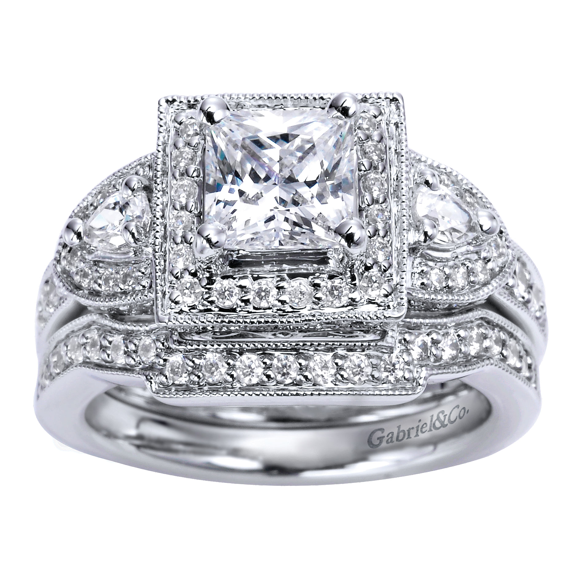 14k White Gold Diamond 3 Stones Halo Engagement Ring angle 4 14k White Gold Diamond 3 Stones Halo Engagement Ring angle 4