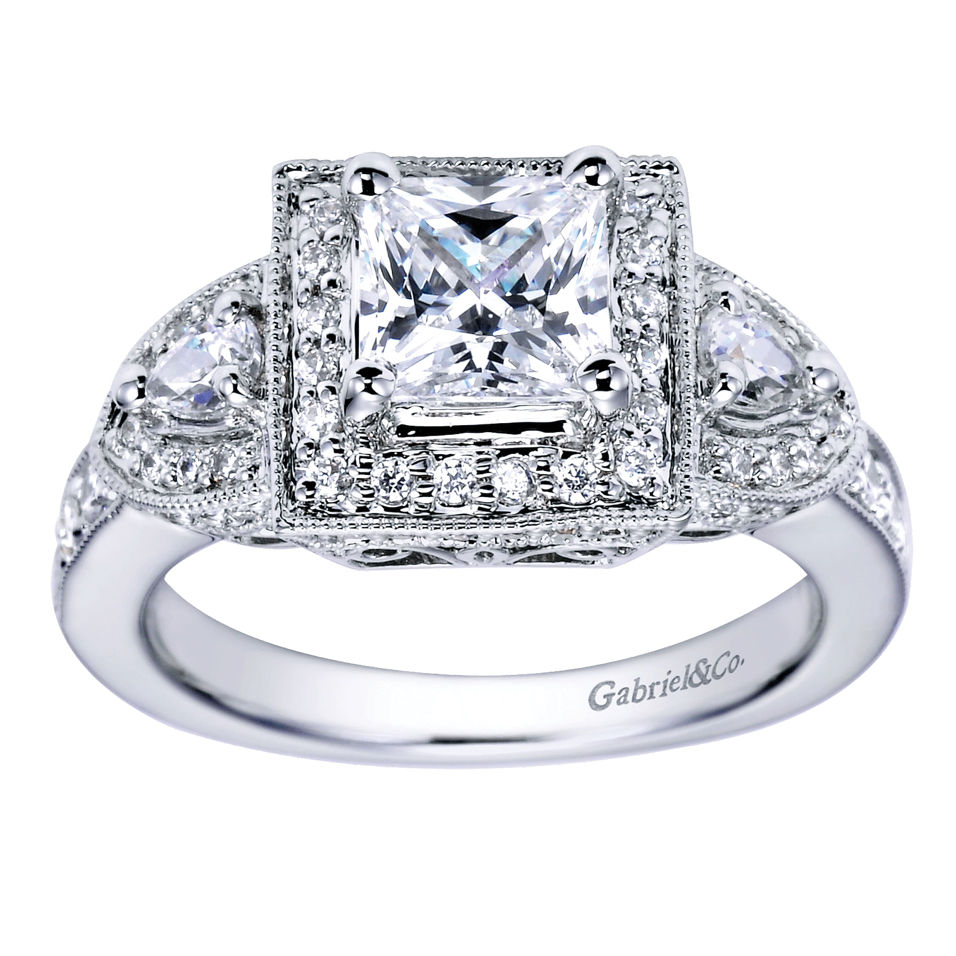 14k White Gold Diamond 3 Stones Halo Engagement Ring angle 5 14k White Gold Diamond 3 Stones Halo Engagement Ring angle 5