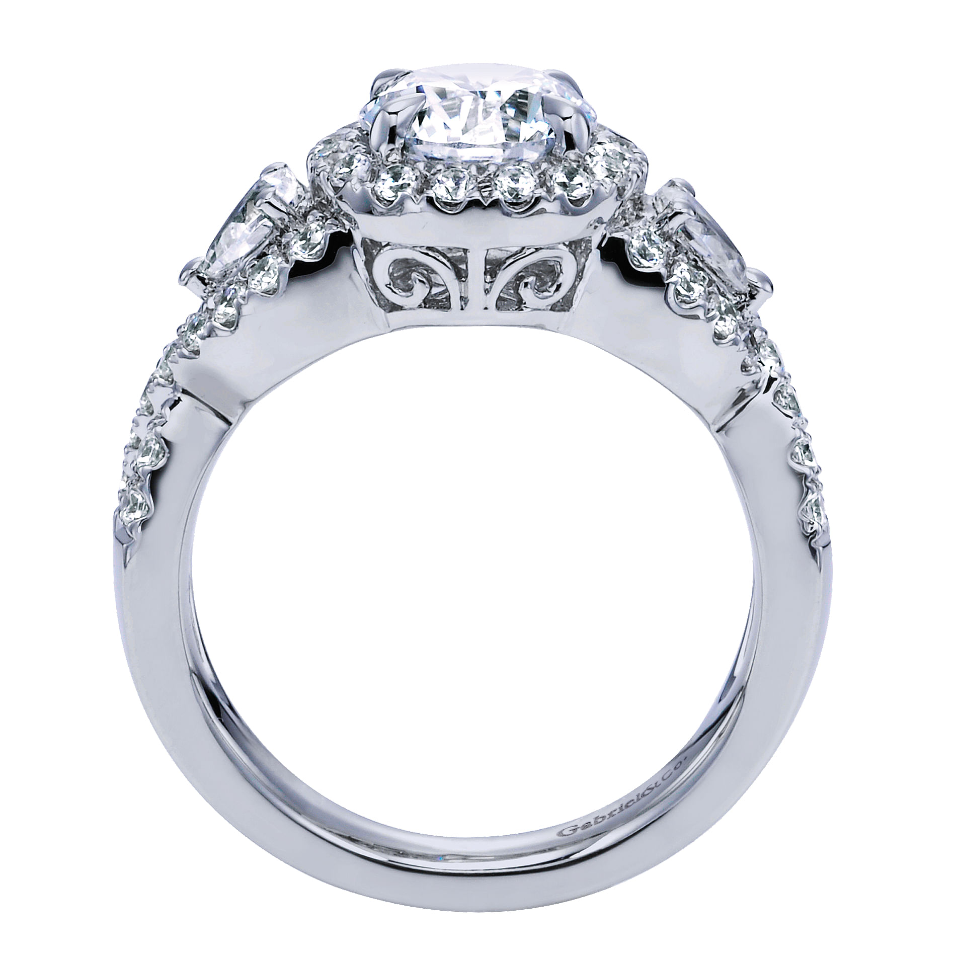 14k White Gold Diamond 3 Stones Halo Engagement Ring angle 2 14k White Gold Diamond 3 Stones Halo Engagement Ring angle 2
