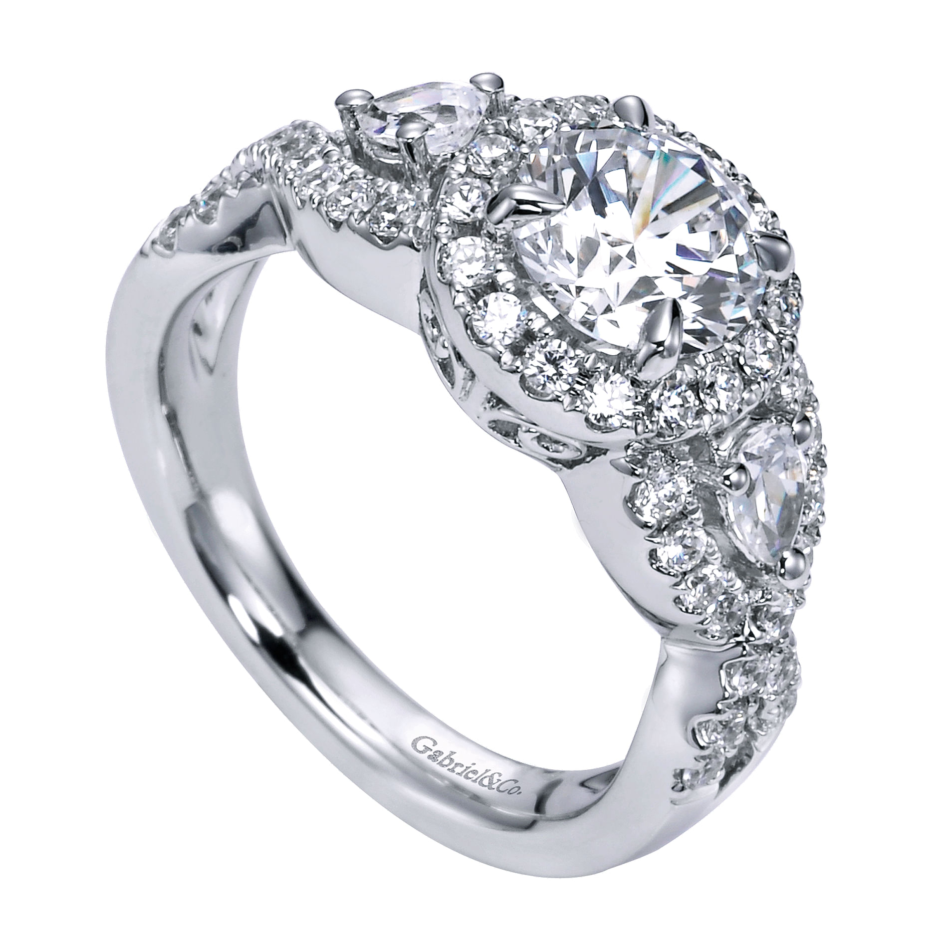 14k White Gold Diamond 3 Stones Halo Engagement Ring angle 3 14k White Gold Diamond 3 Stones Halo Engagement Ring angle 3