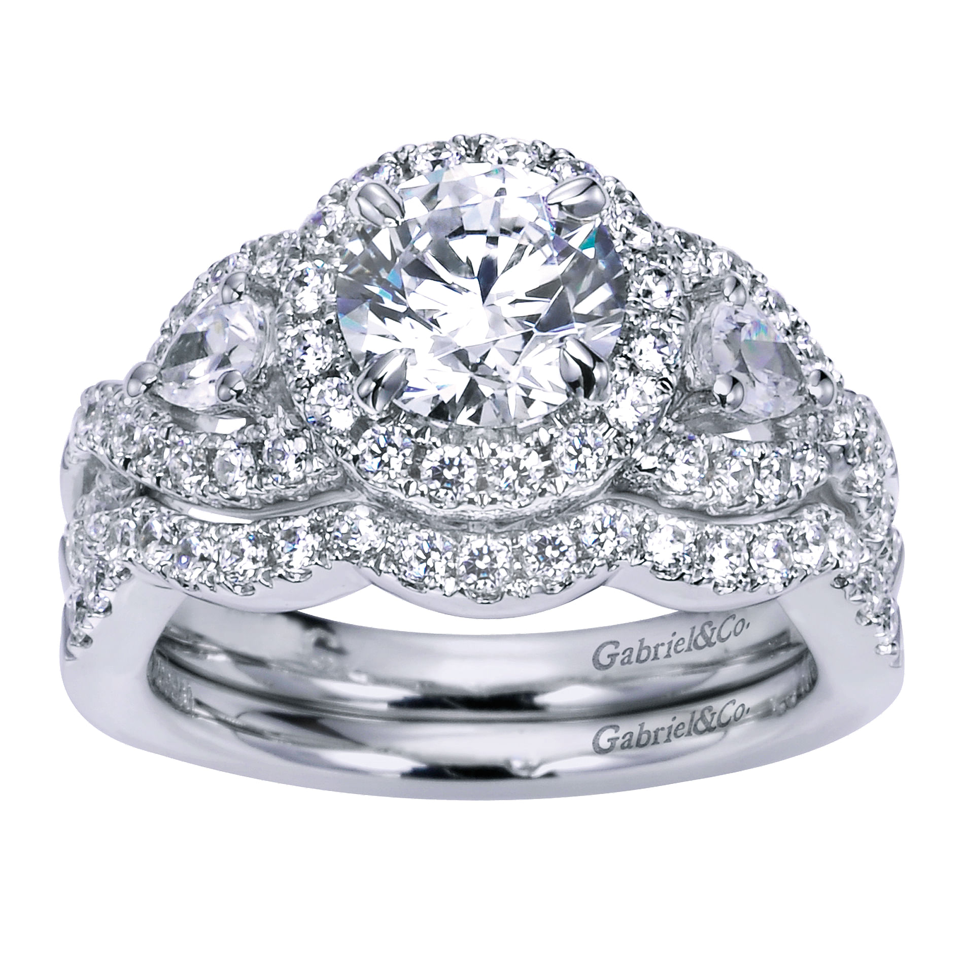 14k White Gold Diamond 3 Stones Halo Engagement Ring angle 4 14k White Gold Diamond 3 Stones Halo Engagement Ring angle 4