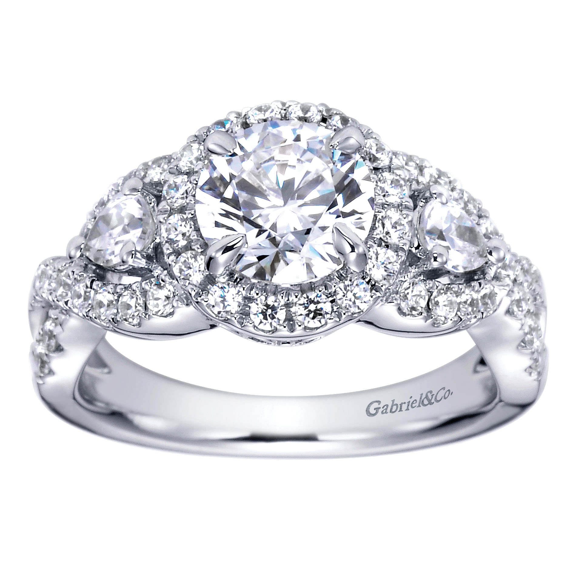 14k White Gold Diamond 3 Stones Halo Engagement Ring angle 5 14k White Gold Diamond 3 Stones Halo Engagement Ring angle 5