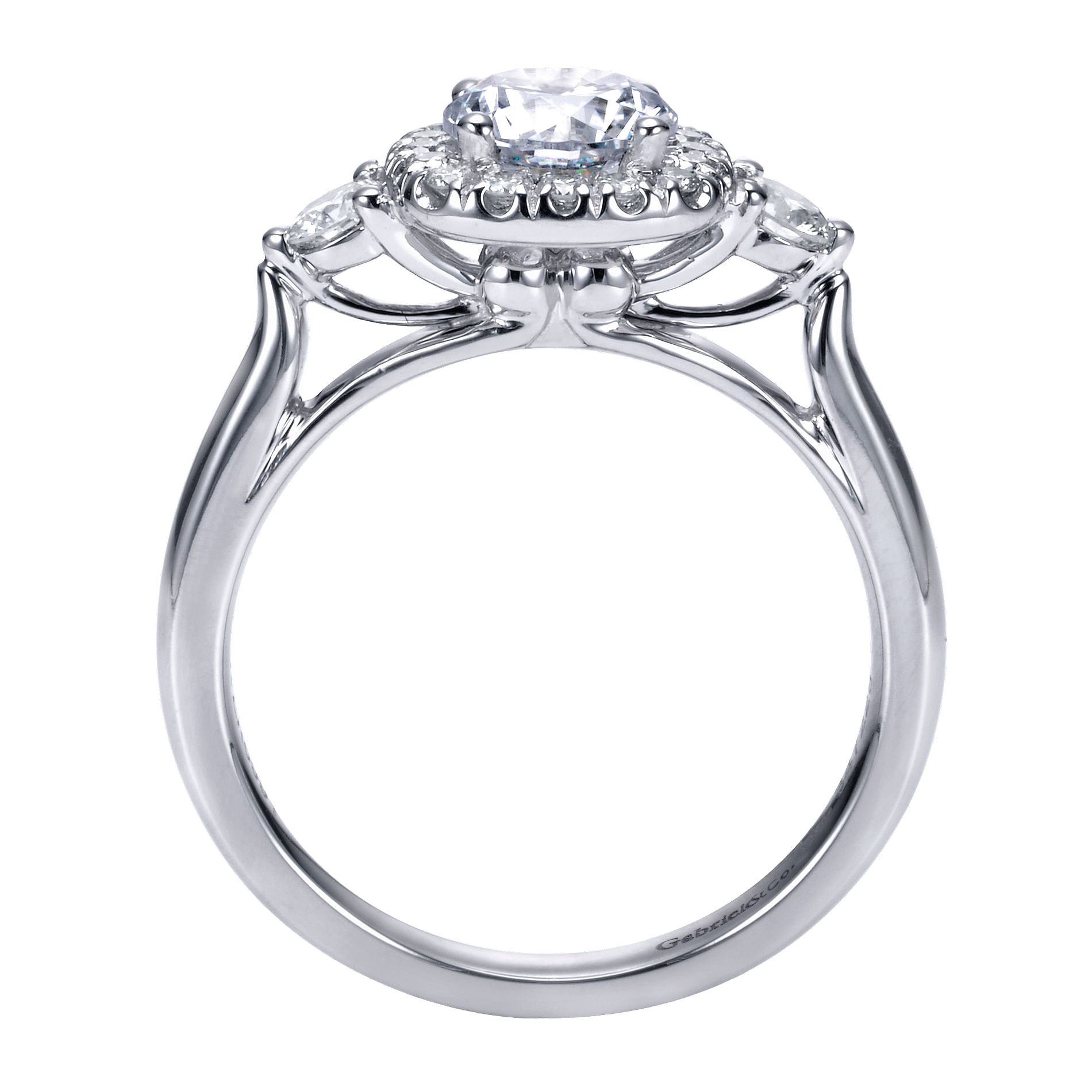 14k White Gold Diamond 3 Stones Halo Engagement Ring angle 2 14k White Gold Diamond 3 Stones Halo Engagement Ring angle 2