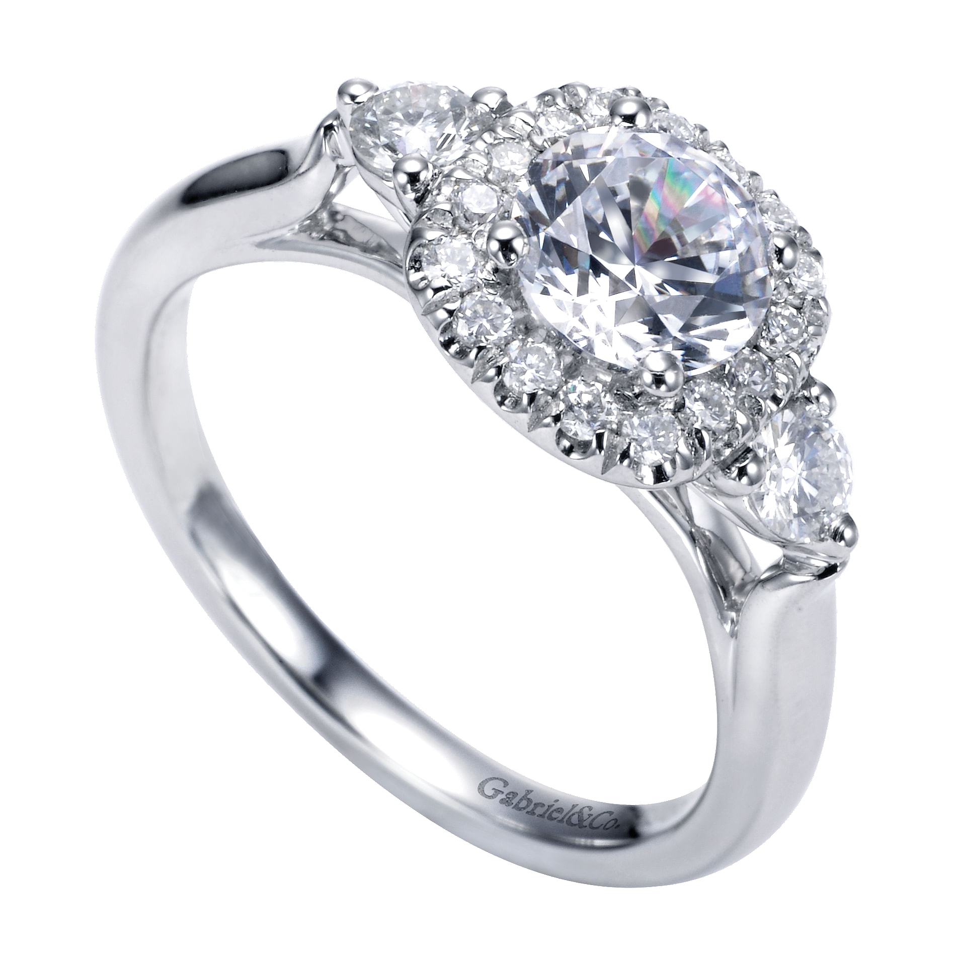 14k White Gold Diamond 3 Stones Halo Engagement Ring angle 3 14k White Gold Diamond 3 Stones Halo Engagement Ring angle 3