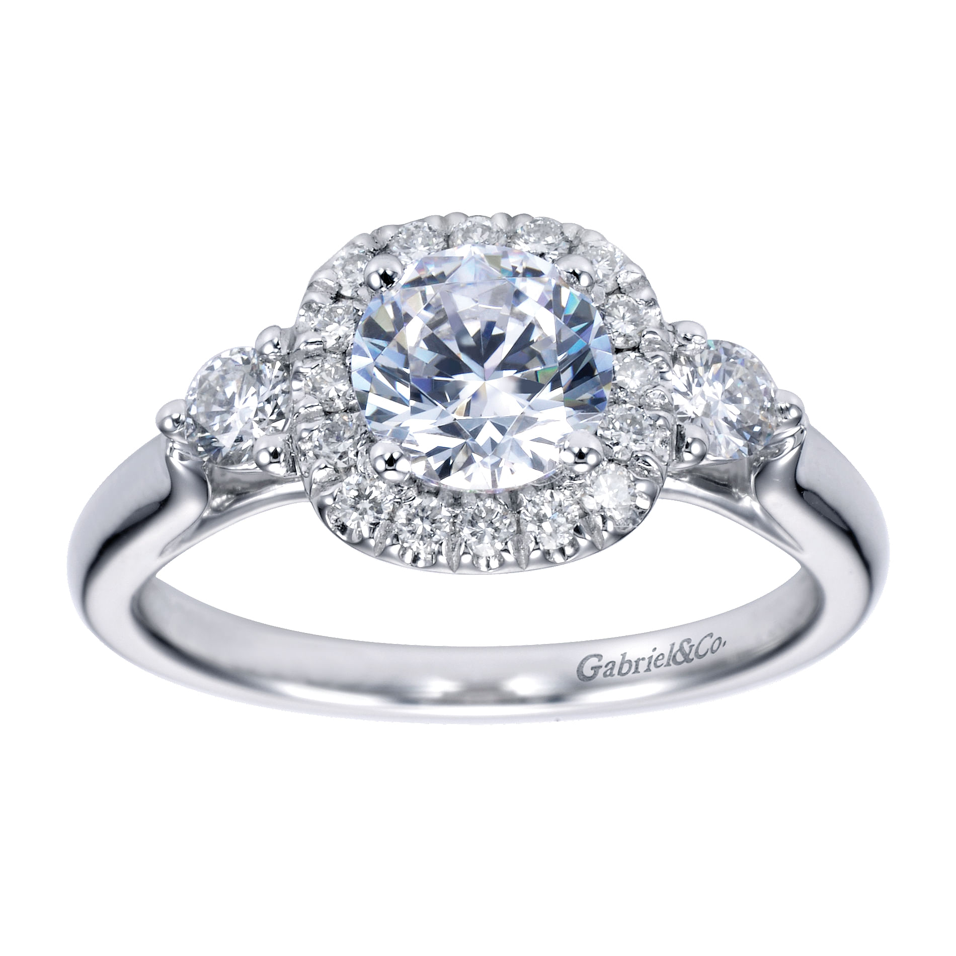 14k White Gold Diamond 3 Stones Halo Engagement Ring angle 5 14k White Gold Diamond 3 Stones Halo Engagement Ring angle 5