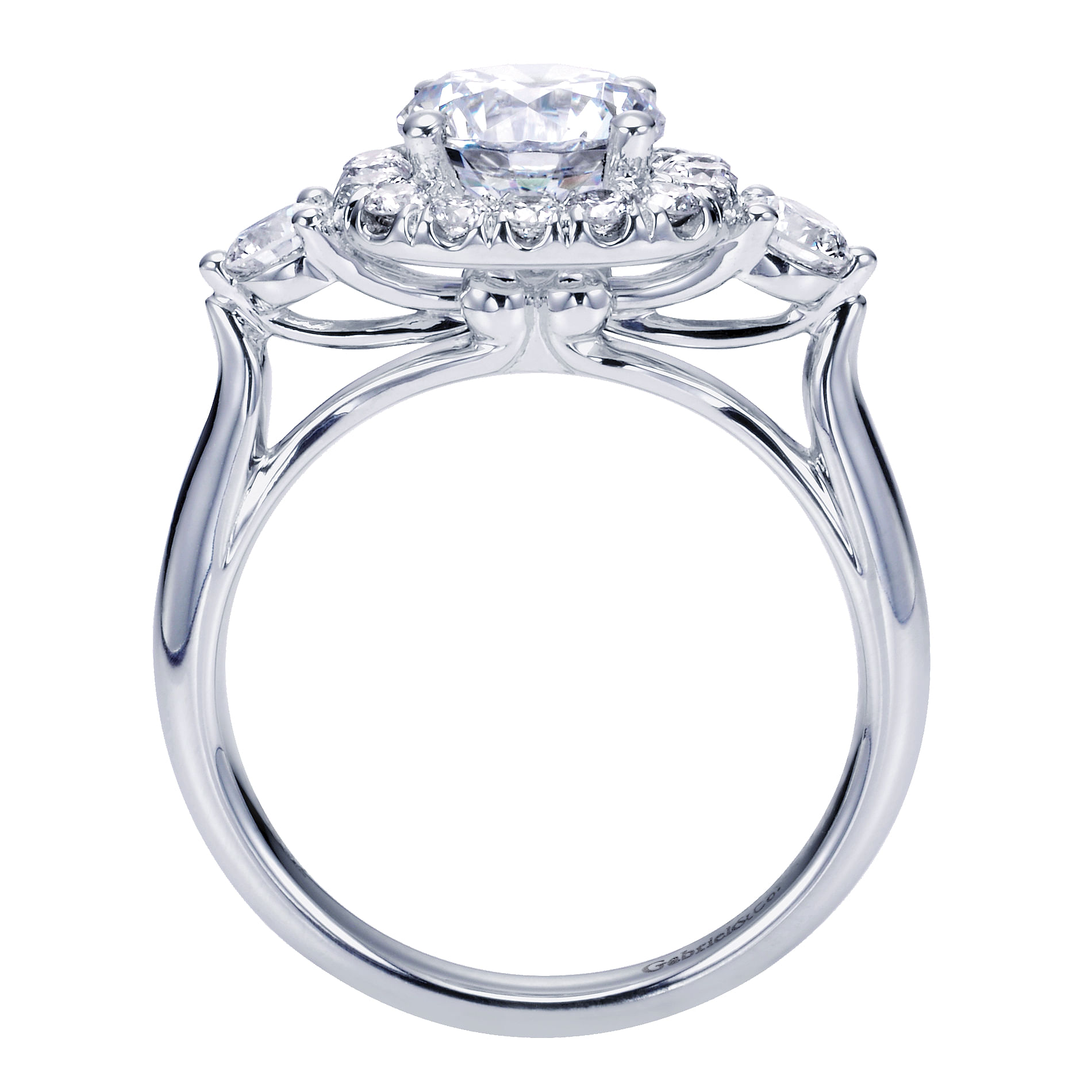 14k White Gold Diamond 3 Stones Halo Engagement Ring angle 2 14k White Gold Diamond 3 Stones Halo Engagement Ring angle 2