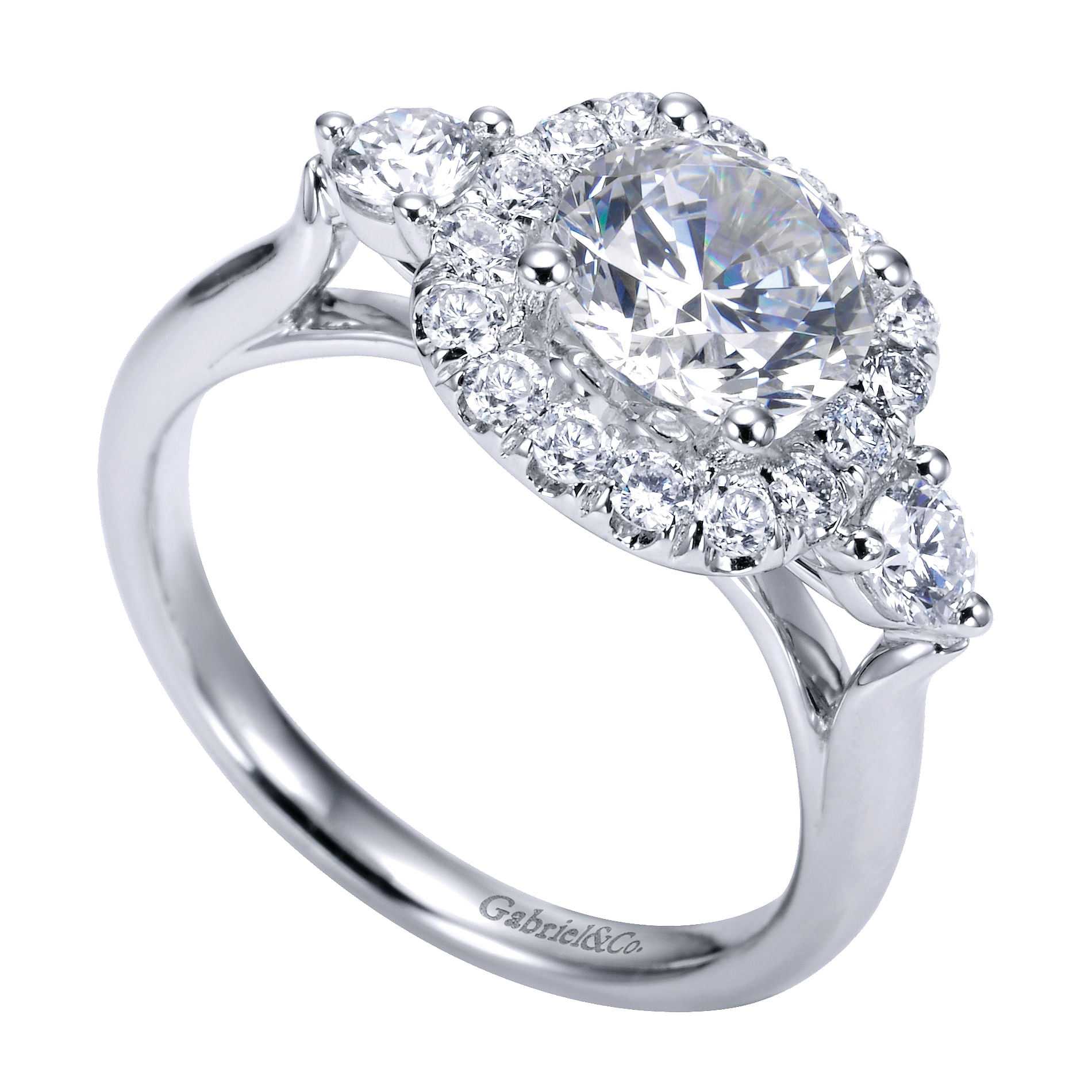 14k White Gold Diamond 3 Stones Halo Engagement Ring angle 3 14k White Gold Diamond 3 Stones Halo Engagement Ring angle 3