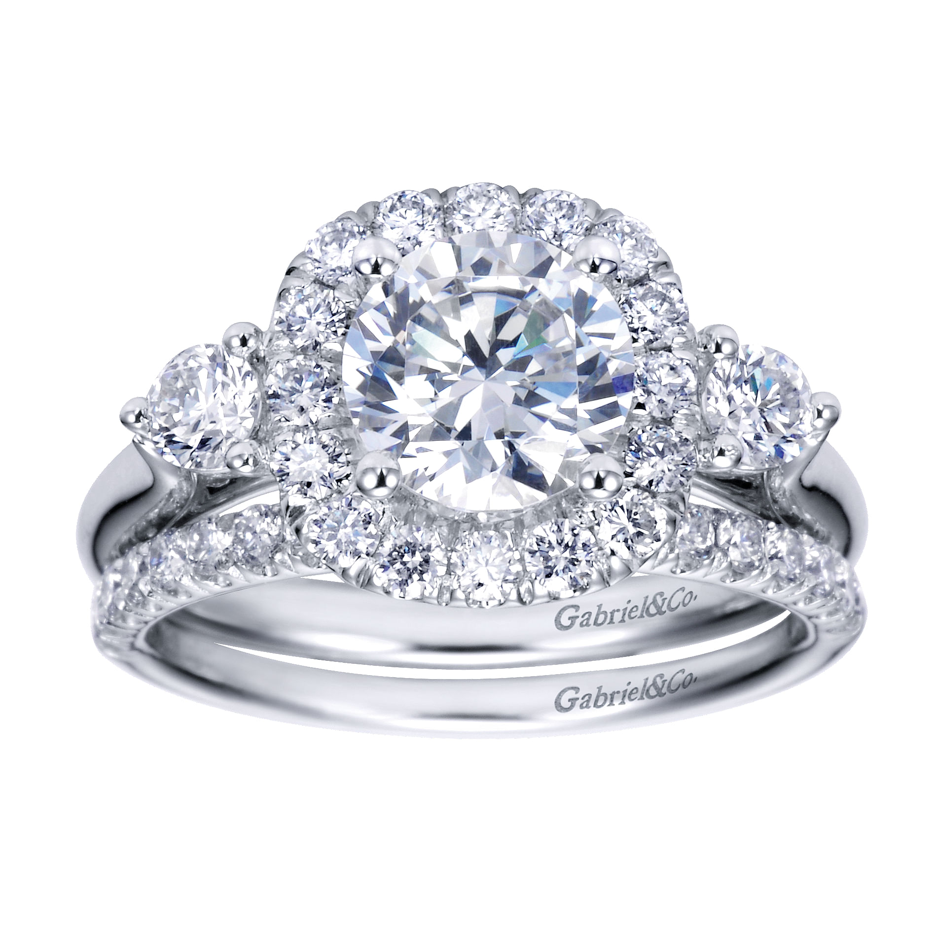 14k White Gold Diamond 3 Stones Halo Engagement Ring angle 4 14k White Gold Diamond 3 Stones Halo Engagement Ring angle 4