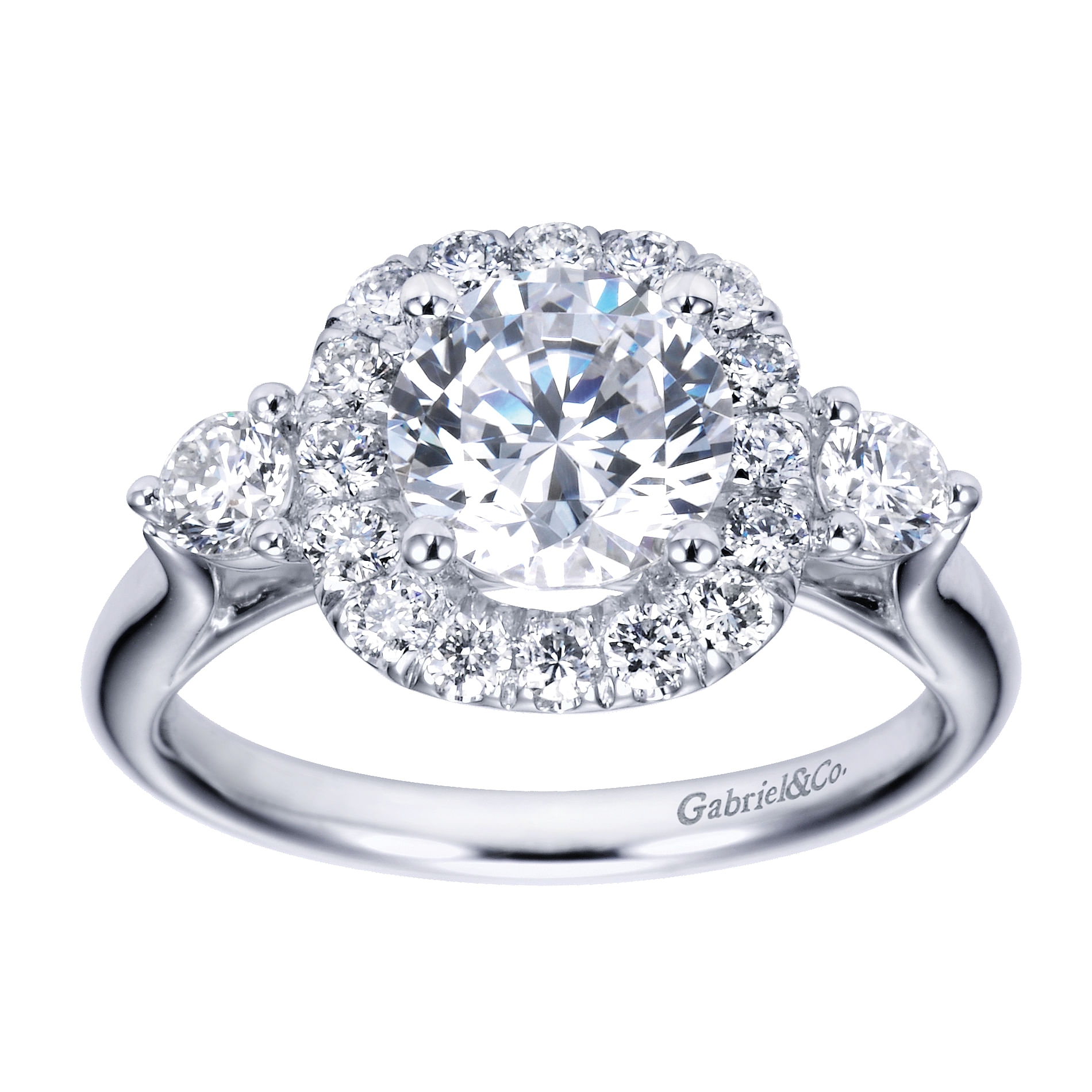 14k White Gold Diamond 3 Stones Halo Engagement Ring angle 5 14k White Gold Diamond 3 Stones Halo Engagement Ring angle 5