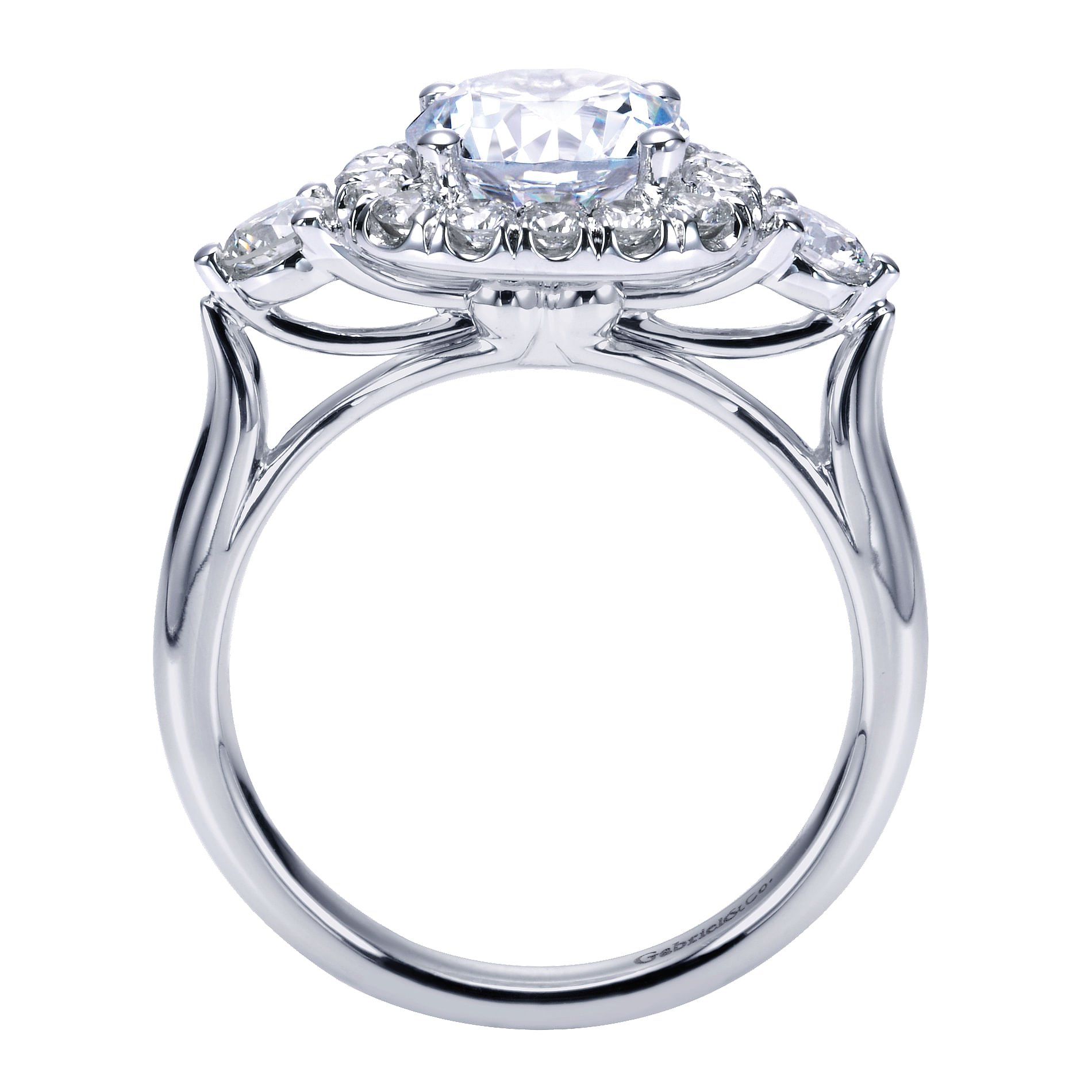 14k White Gold Diamond 3 Stones Halo Engagement Ring angle 2 14k White Gold Diamond 3 Stones Halo Engagement Ring angle 2