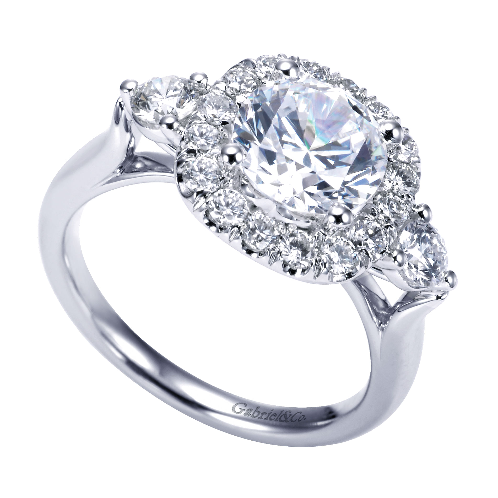 14k White Gold Diamond 3 Stones Halo Engagement Ring angle 3 14k White Gold Diamond 3 Stones Halo Engagement Ring angle 3