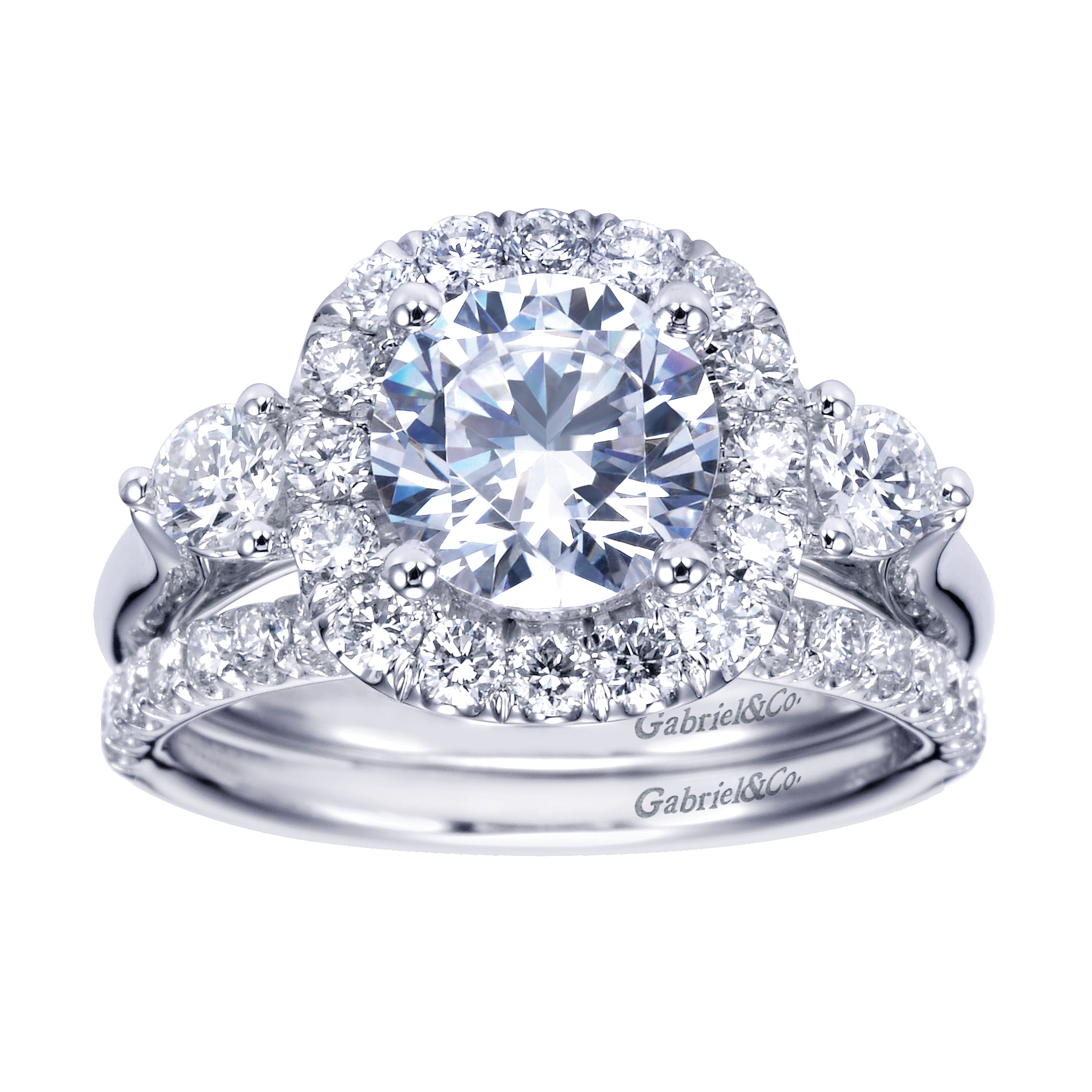 14k White Gold Diamond 3 Stones Halo Engagement Ring angle 4 14k White Gold Diamond 3 Stones Halo Engagement Ring angle 4