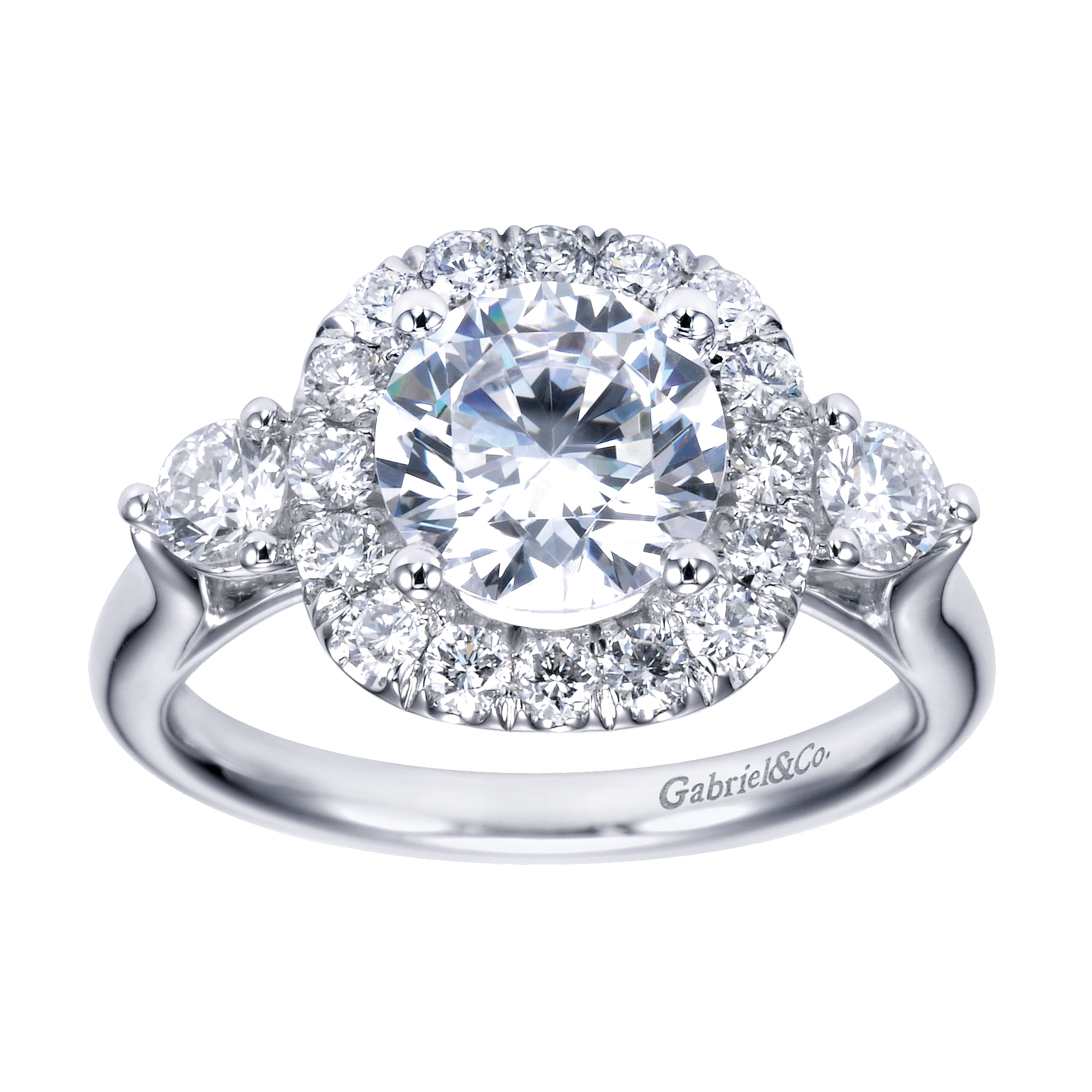 14k White Gold Diamond 3 Stones Halo Engagement Ring angle 5 14k White Gold Diamond 3 Stones Halo Engagement Ring angle 5