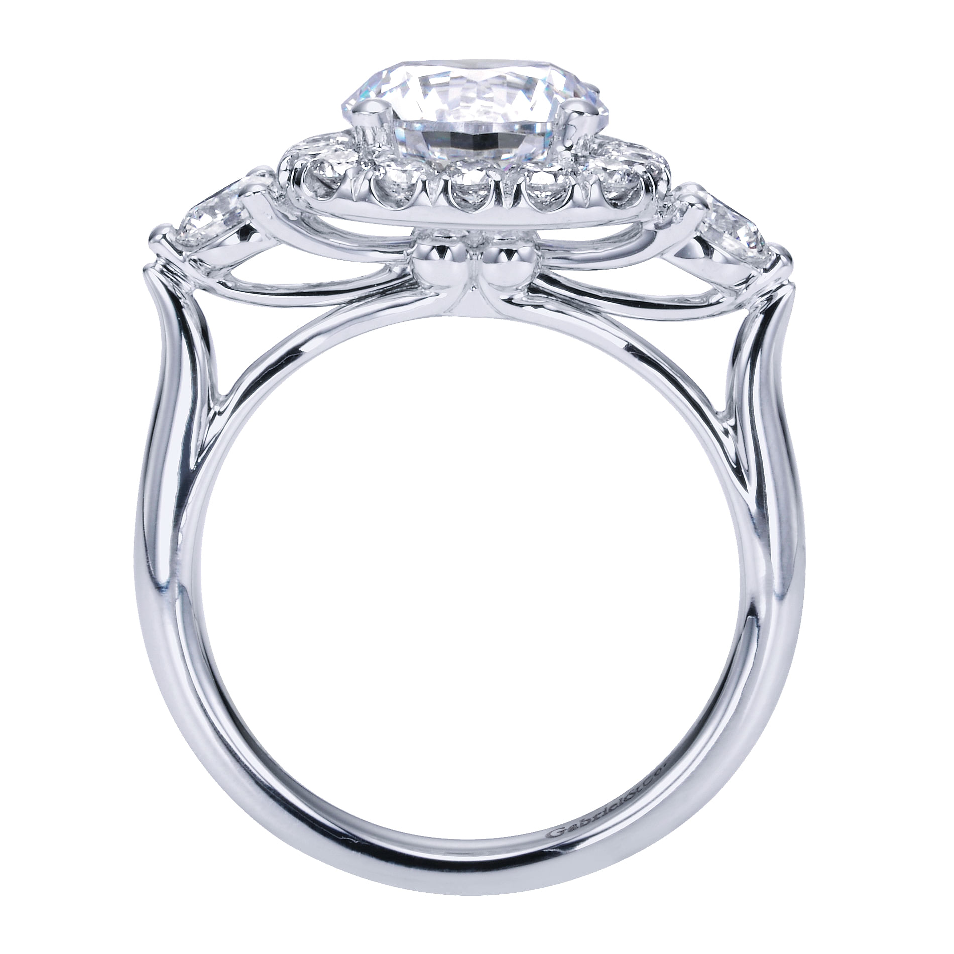 14k White Gold Diamond 3 Stones Halo Engagement Ring angle 2 14k White Gold Diamond 3 Stones Halo Engagement Ring angle 2