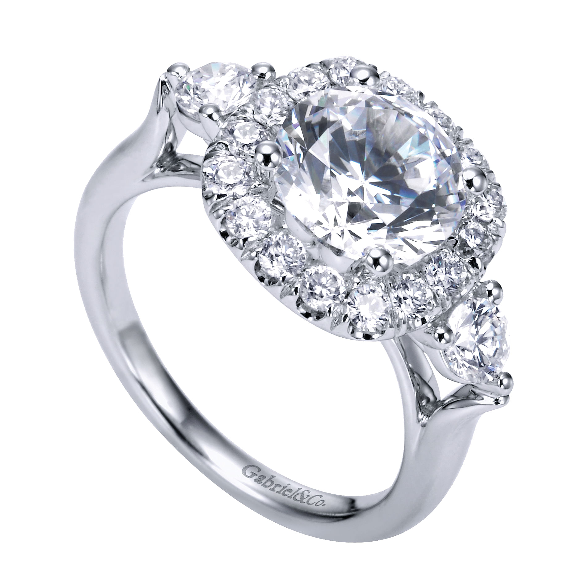 14k White Gold Diamond 3 Stones Halo Engagement Ring angle 3 14k White Gold Diamond 3 Stones Halo Engagement Ring angle 3