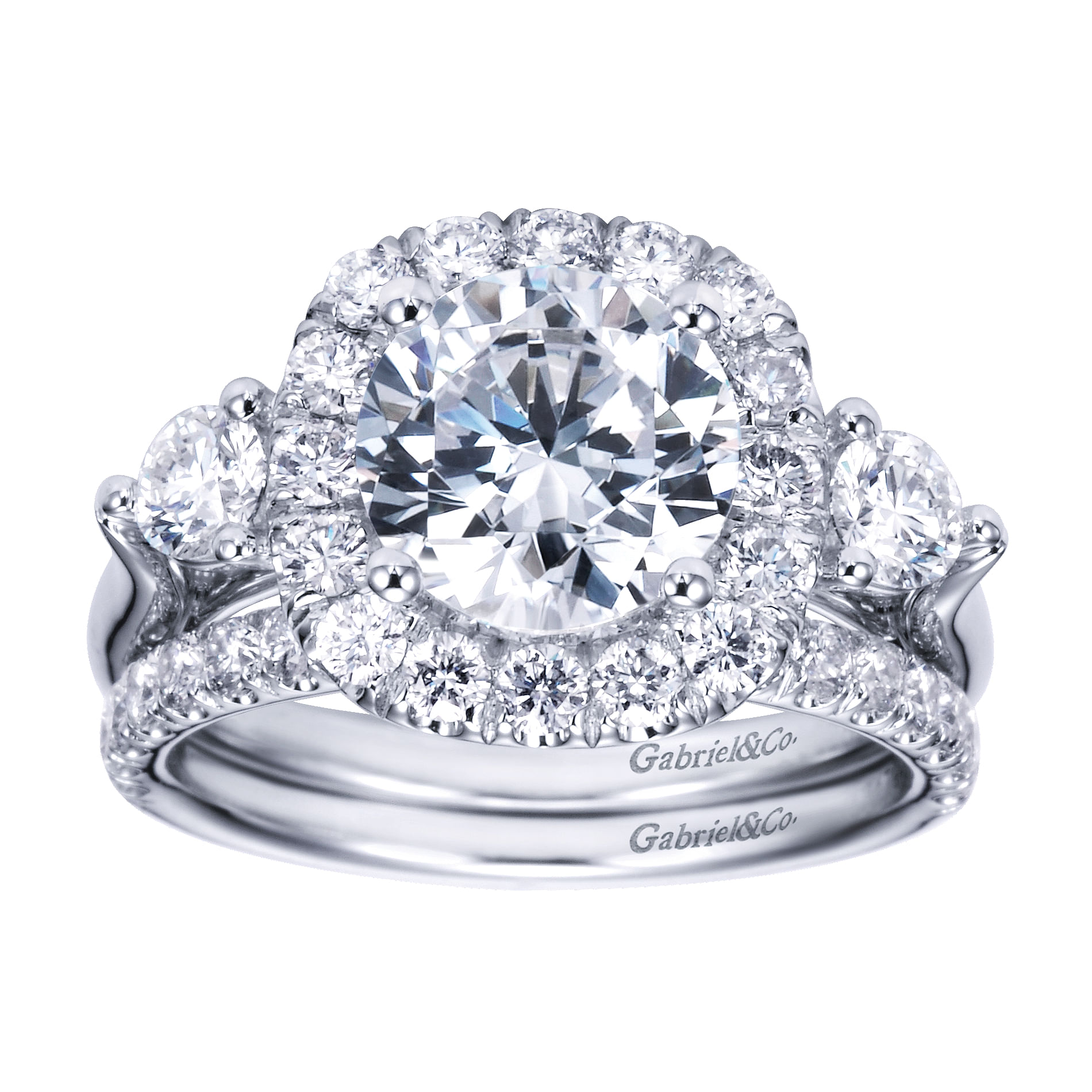 14k White Gold Diamond 3 Stones Halo Engagement Ring angle 4 14k White Gold Diamond 3 Stones Halo Engagement Ring angle 4