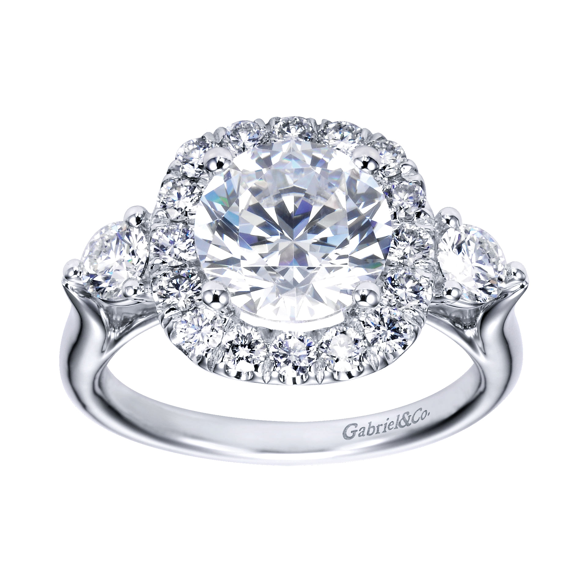 14k White Gold Diamond 3 Stones Halo Engagement Ring angle 5 14k White Gold Diamond 3 Stones Halo Engagement Ring angle 5