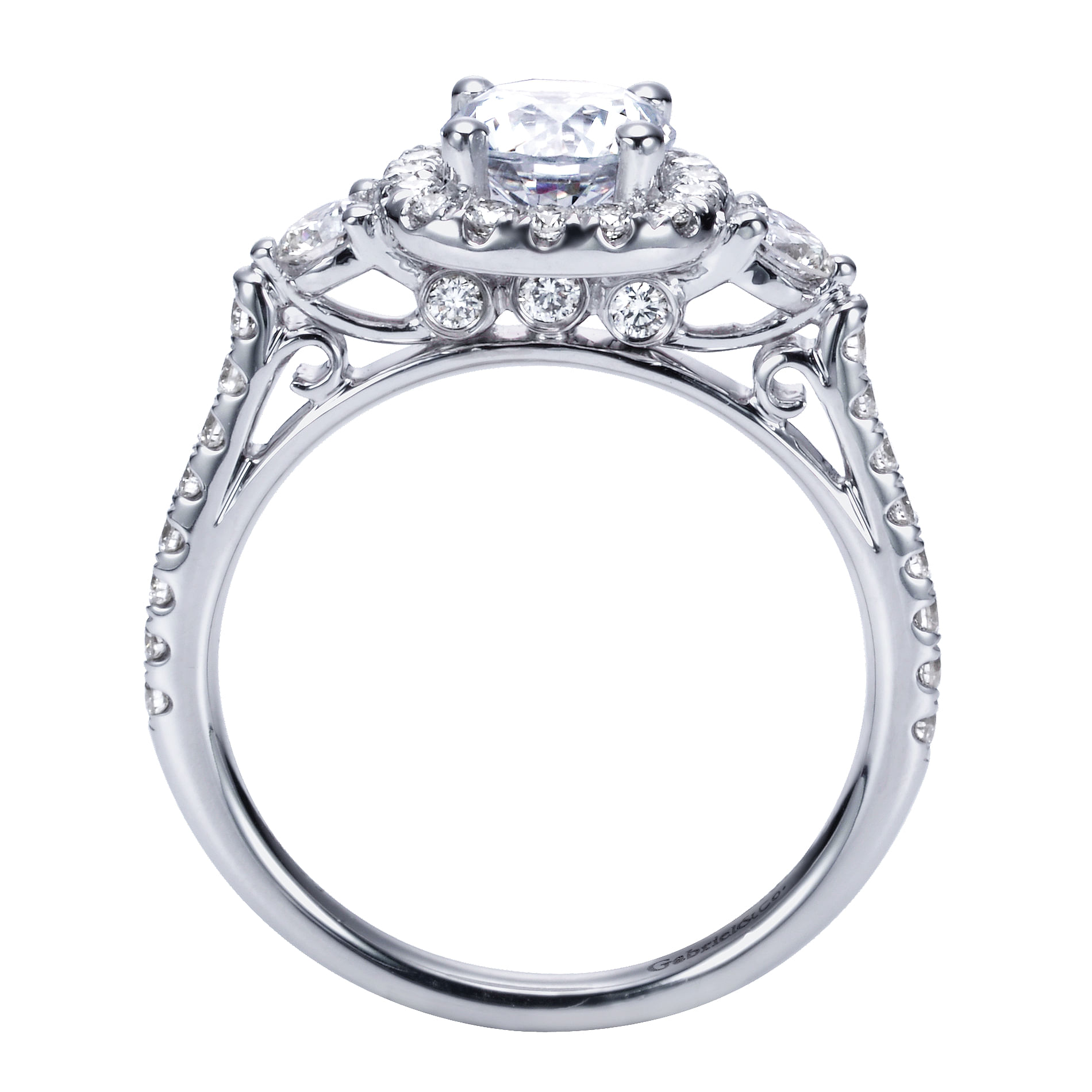 14k White Gold Diamond 3 Stones Halo Engagement Ring angle 2 14k White Gold Diamond 3 Stones Halo Engagement Ring angle 2