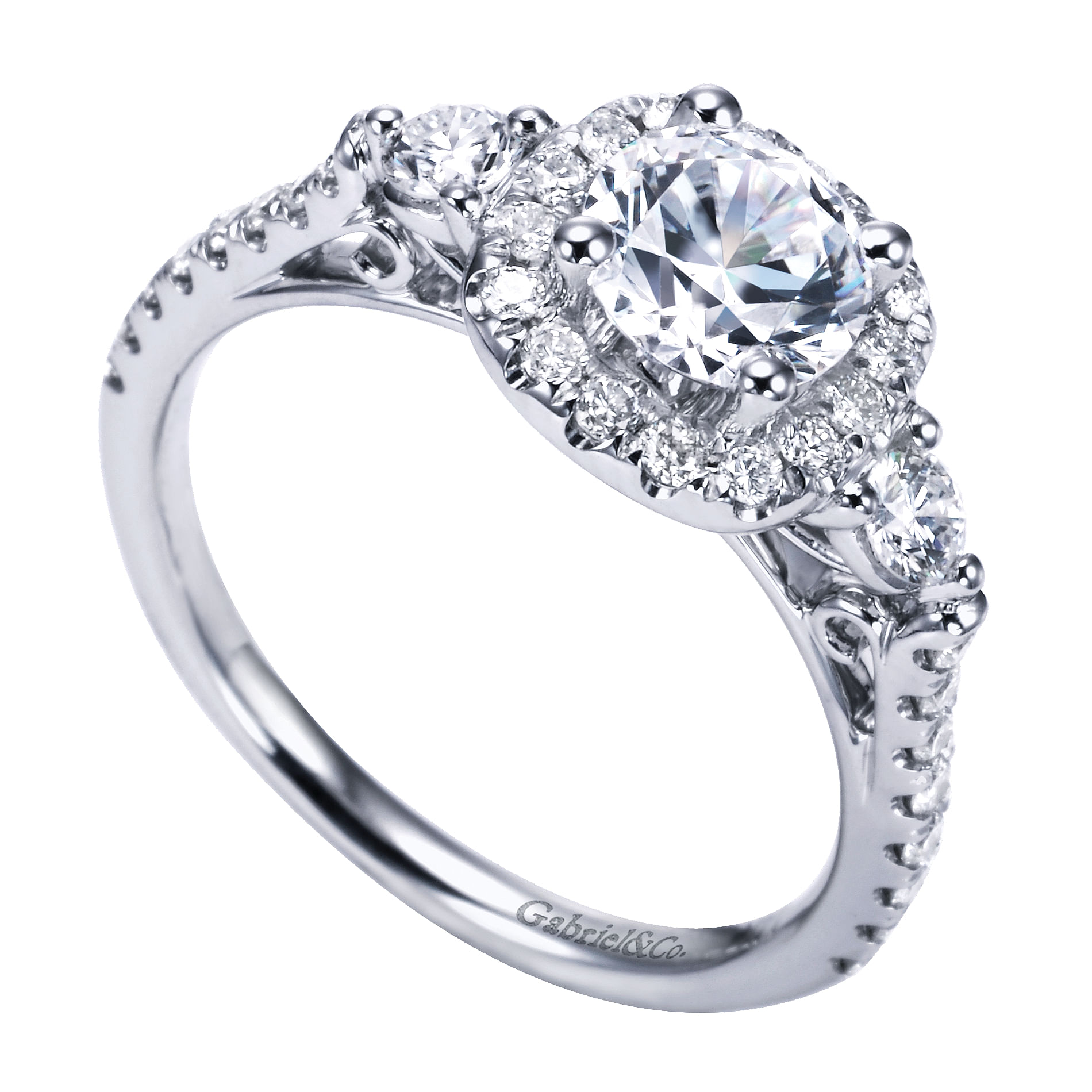 14k White Gold Diamond 3 Stones Halo Engagement Ring angle 3 14k White Gold Diamond 3 Stones Halo Engagement Ring angle 3