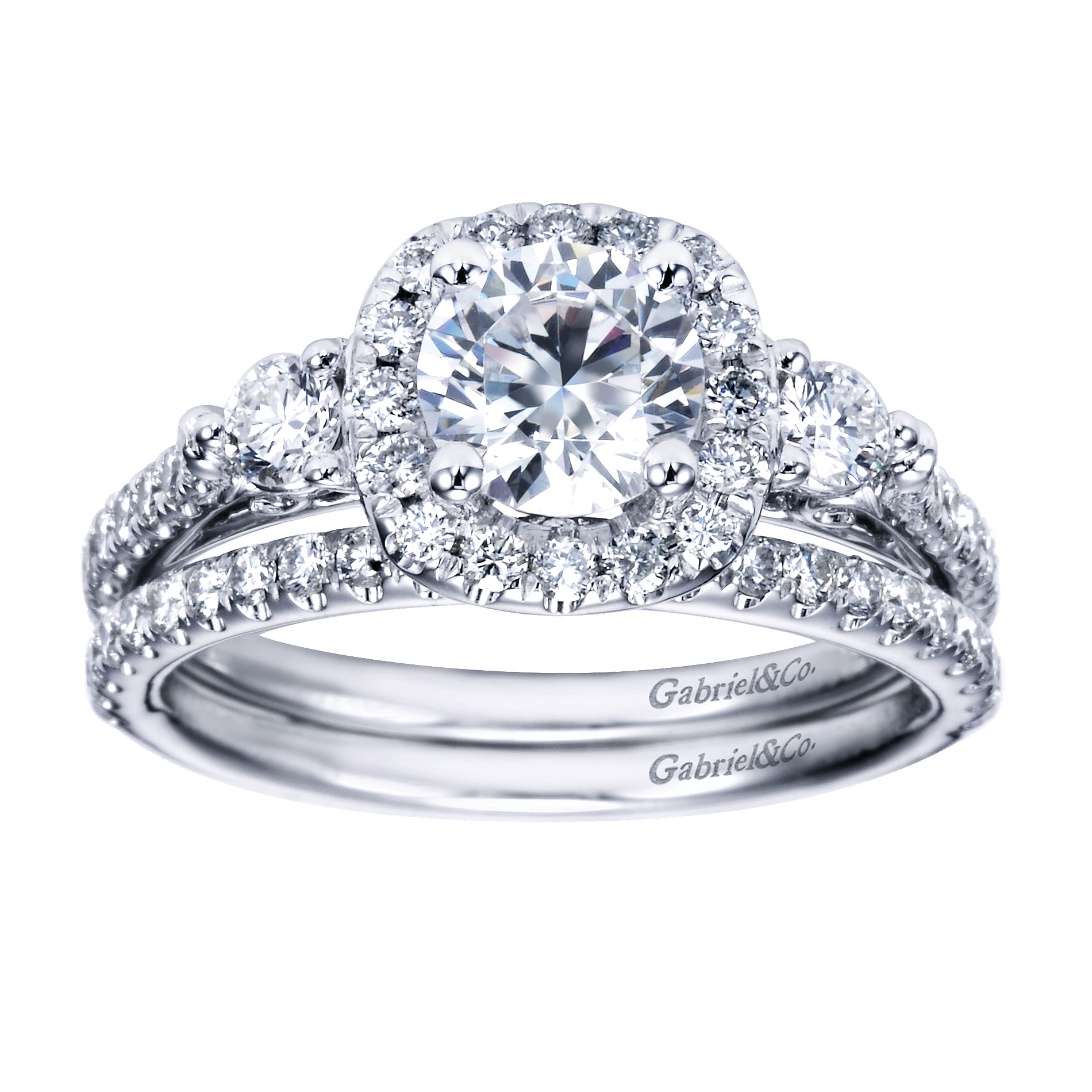 14k White Gold Diamond 3 Stones Halo Engagement Ring angle 4 14k White Gold Diamond 3 Stones Halo Engagement Ring angle 4