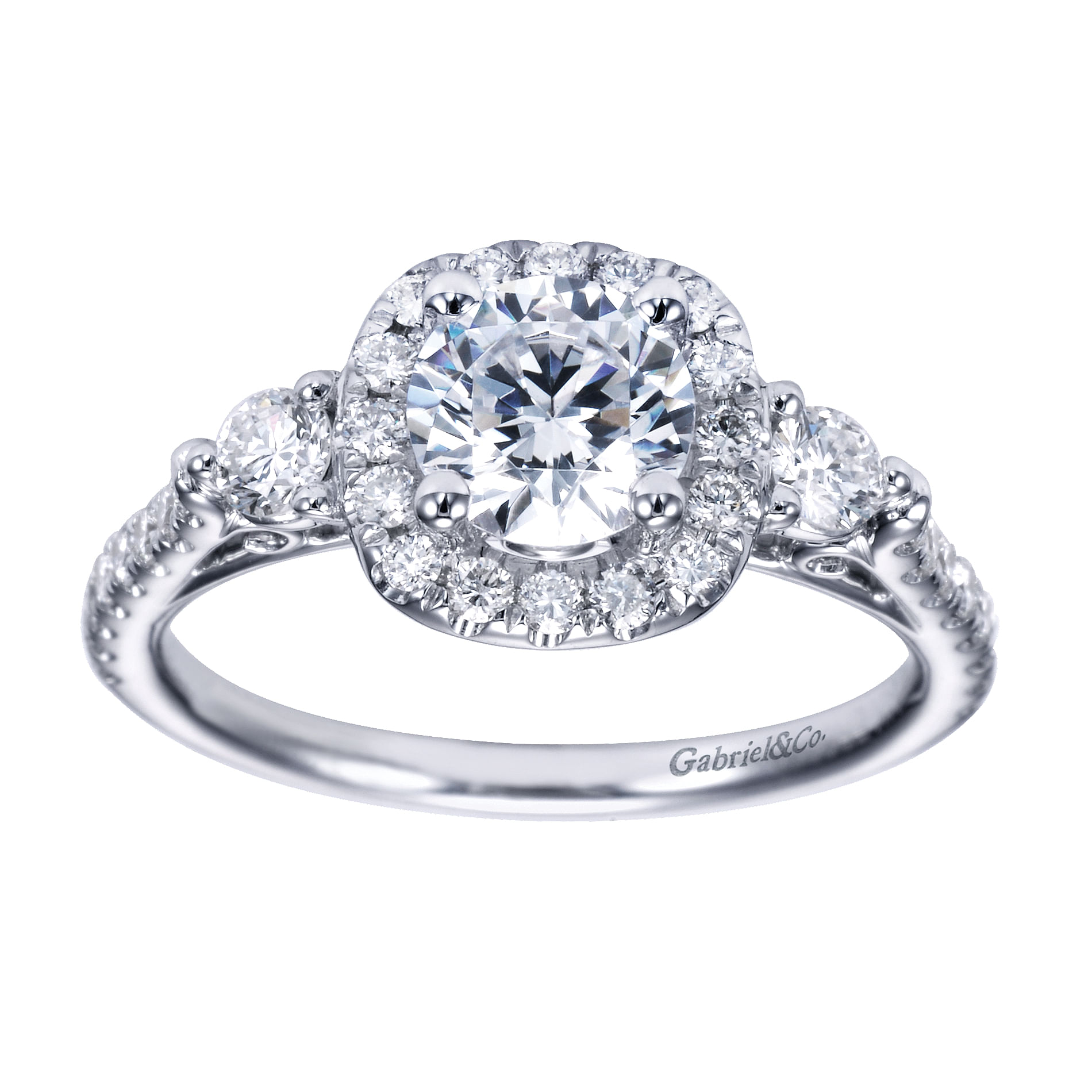 14k White Gold Diamond 3 Stones Halo Engagement Ring angle 5 14k White Gold Diamond 3 Stones Halo Engagement Ring angle 5