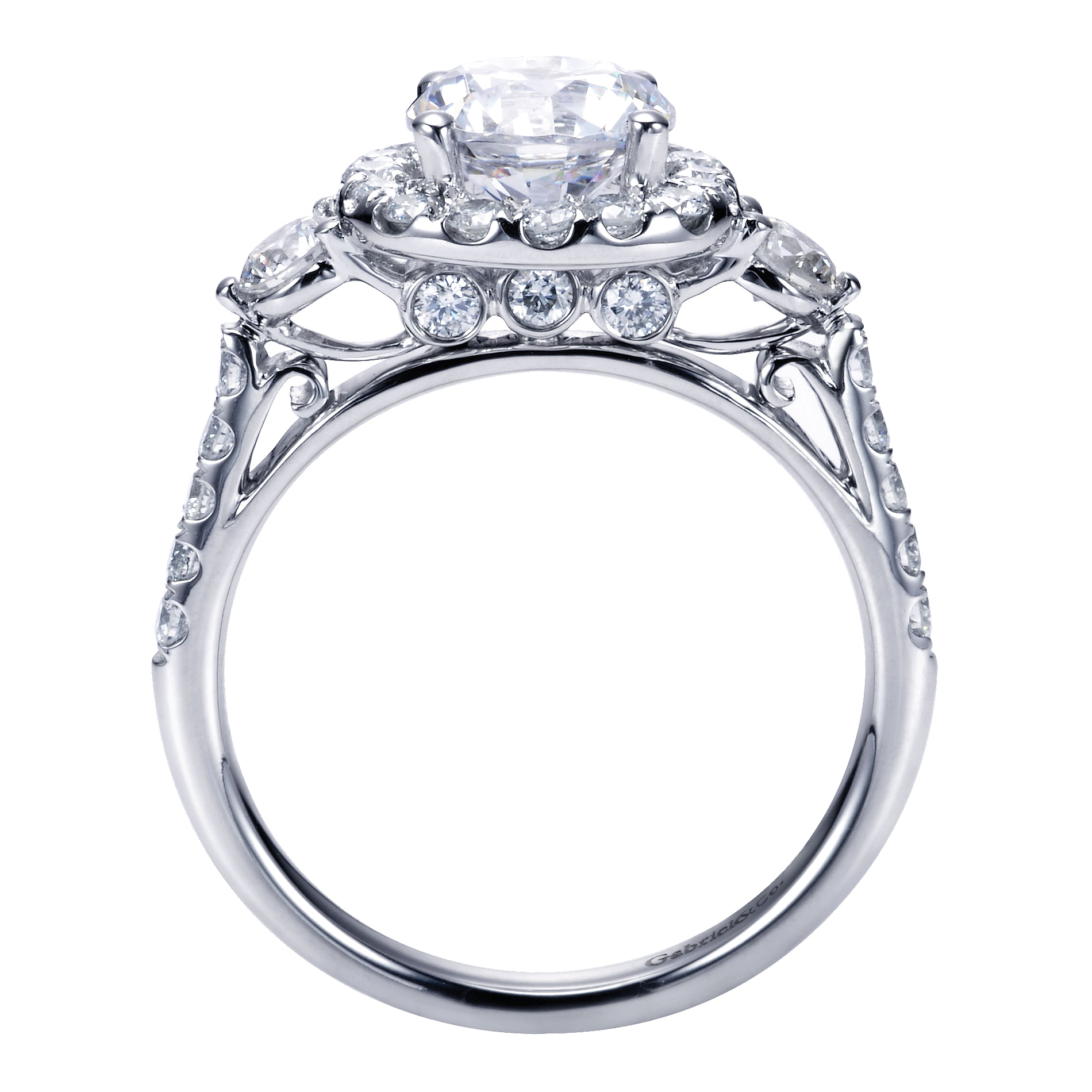 14k White Gold Diamond 3 Stones Halo Engagement Ring angle 2 14k White Gold Diamond 3 Stones Halo Engagement Ring angle 2
