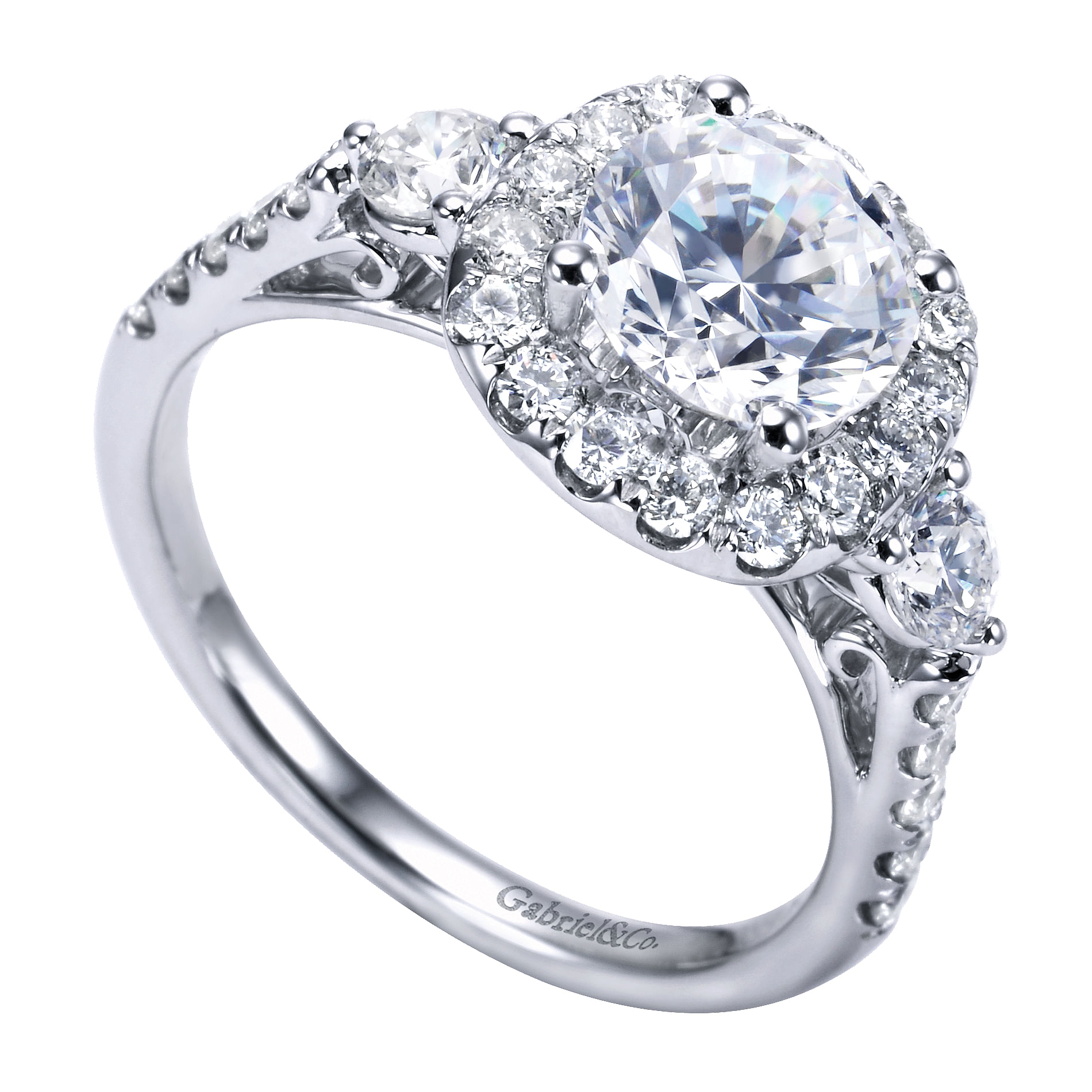 14k White Gold Diamond 3 Stones Halo Engagement Ring angle 3 14k White Gold Diamond 3 Stones Halo Engagement Ring angle 3