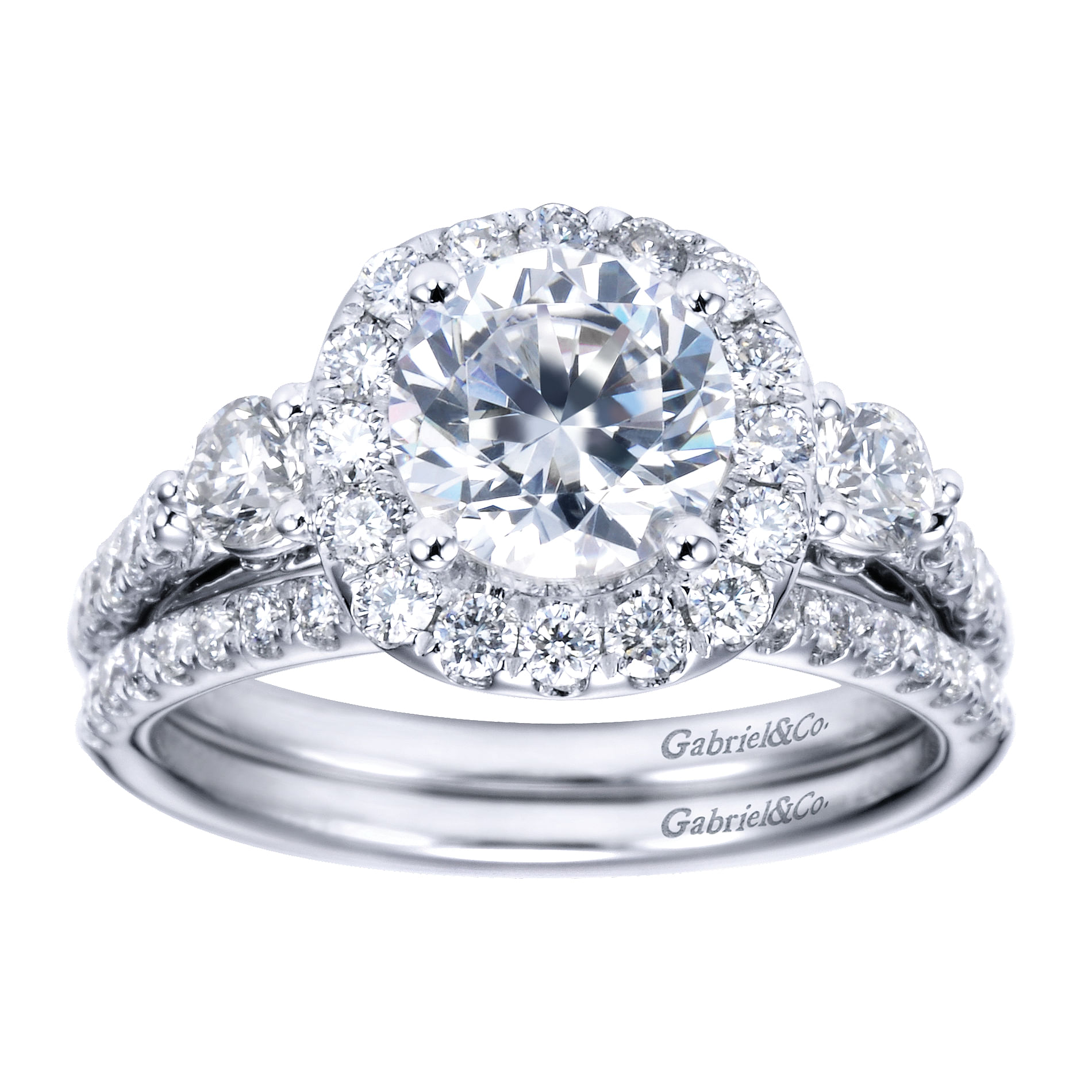 14k White Gold Diamond 3 Stones Halo Engagement Ring angle 4 14k White Gold Diamond 3 Stones Halo Engagement Ring angle 4
