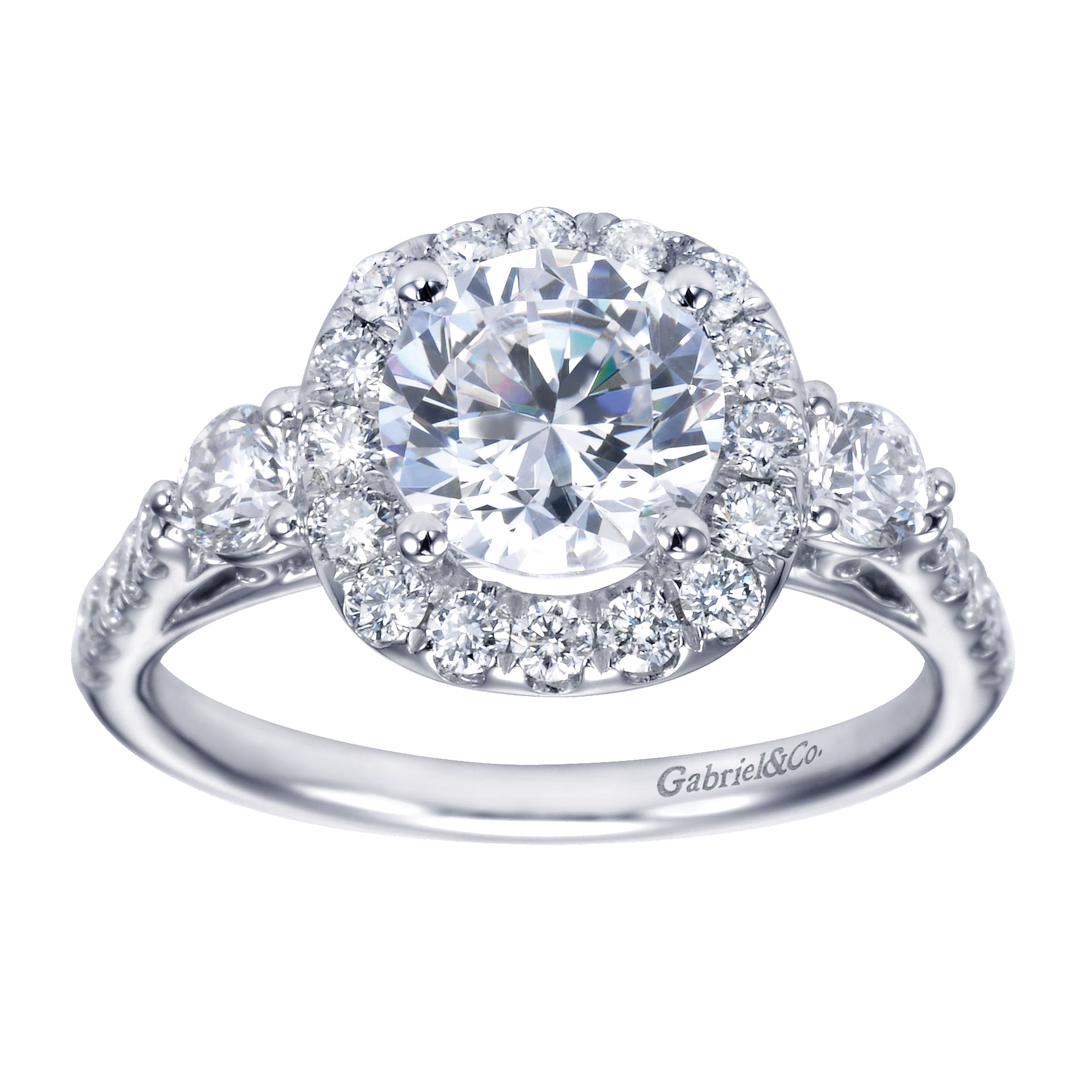 14k White Gold Diamond 3 Stones Halo Engagement Ring angle 5 14k White Gold Diamond 3 Stones Halo Engagement Ring angle 5