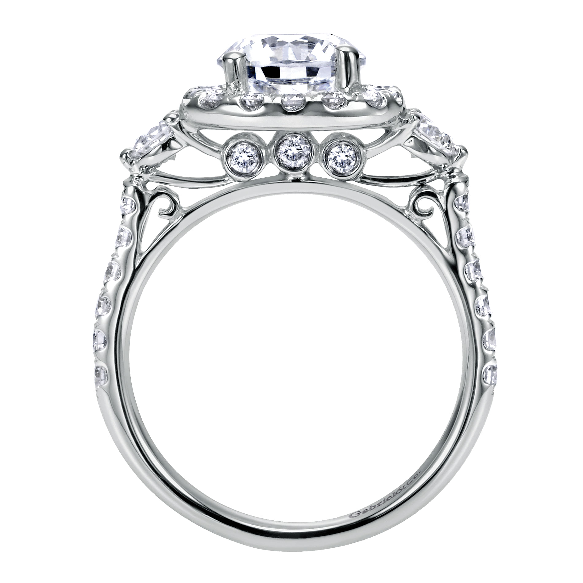 14k White Gold Diamond 3 Stones Halo Engagement Ring angle 2 14k White Gold Diamond 3 Stones Halo Engagement Ring angle 2