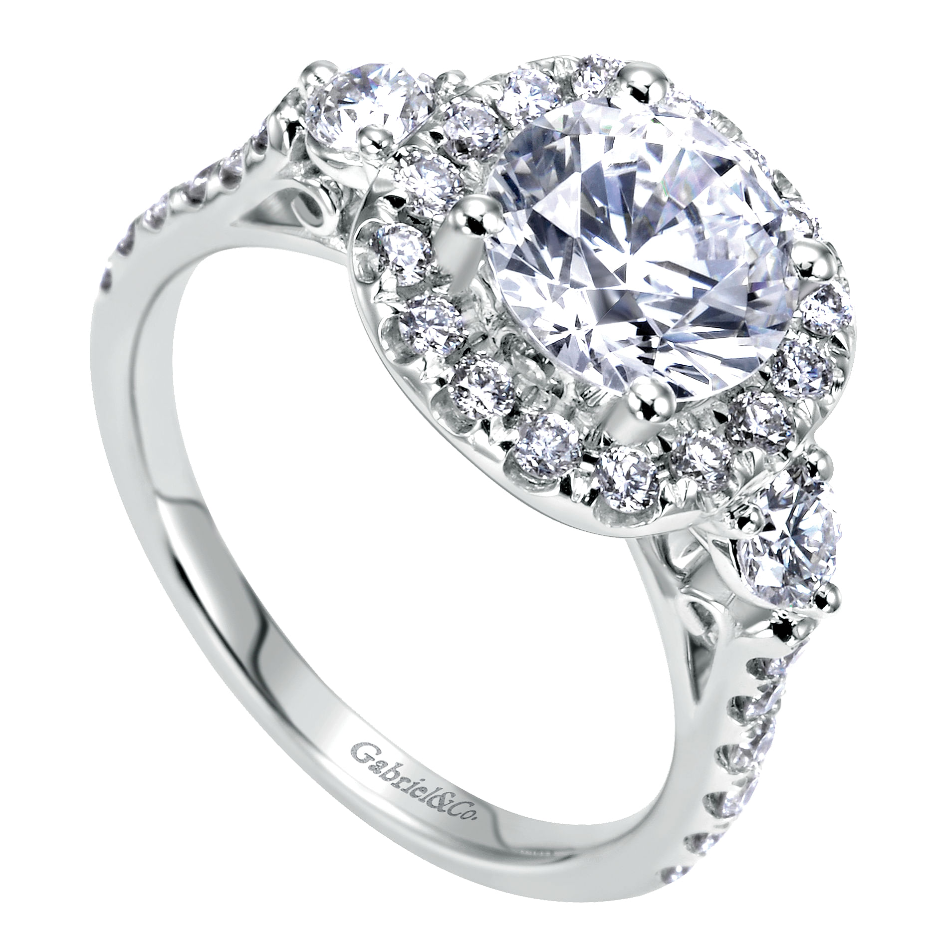 14k White Gold Diamond 3 Stones Halo Engagement Ring angle 3 14k White Gold Diamond 3 Stones Halo Engagement Ring angle 3