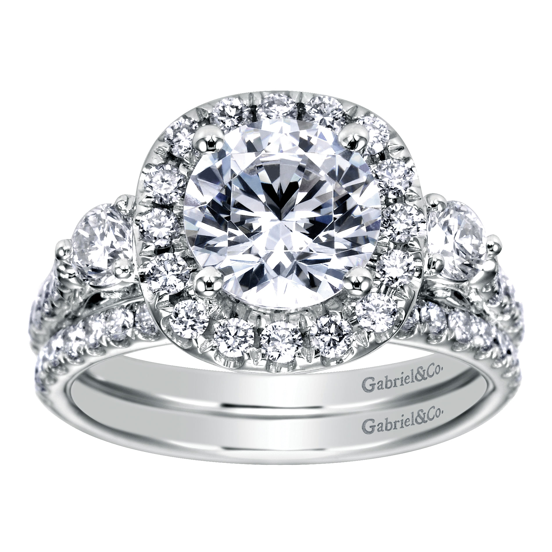 14k White Gold Diamond 3 Stones Halo Engagement Ring angle 4 14k White Gold Diamond 3 Stones Halo Engagement Ring angle 4
