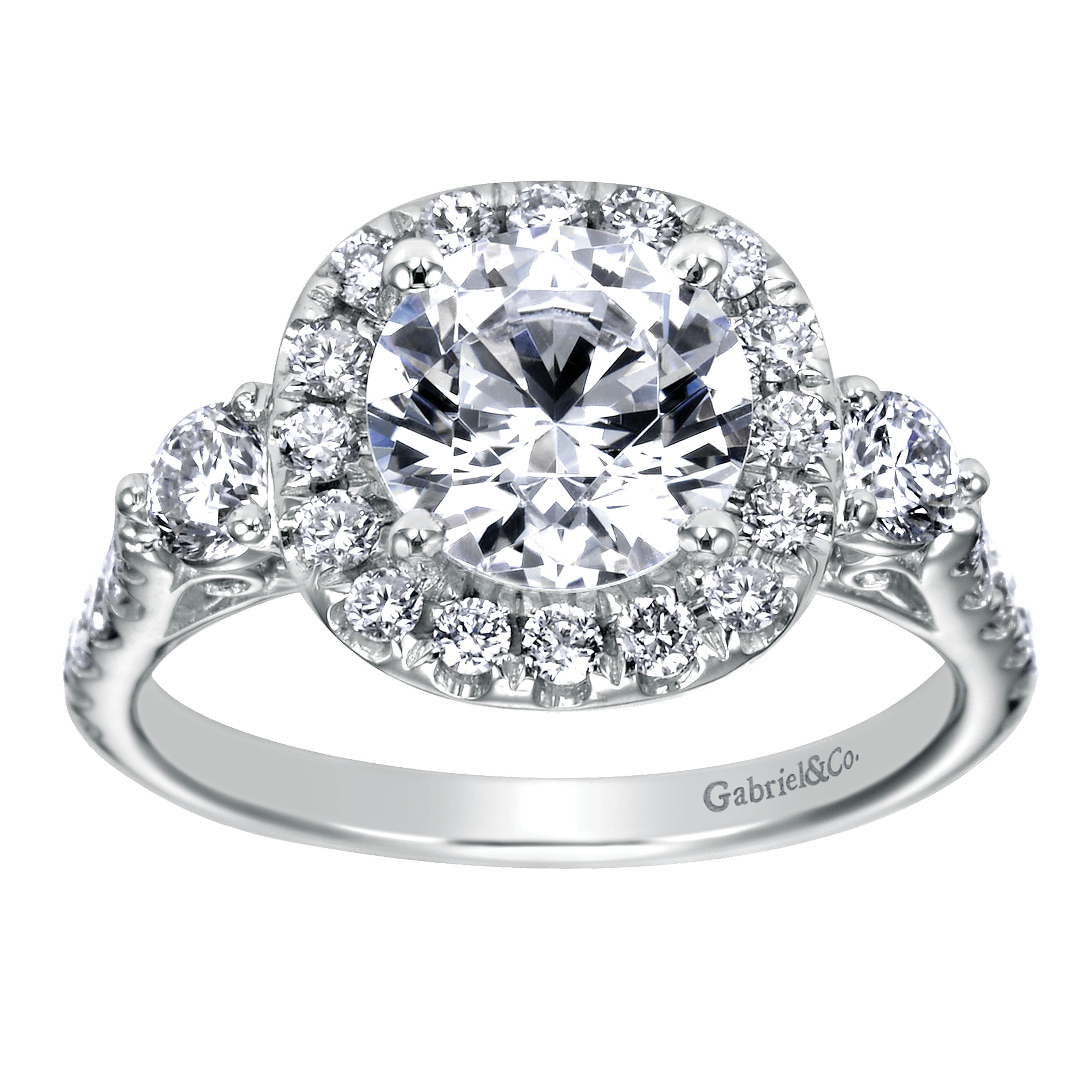 14k White Gold Diamond 3 Stones Halo Engagement Ring angle 5 14k White Gold Diamond 3 Stones Halo Engagement Ring angle 5