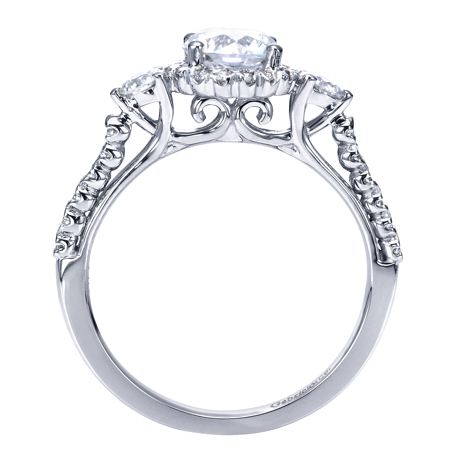 14k White Gold Diamond 3 Stones Halo Engagement Ring angle 2 14k White Gold Diamond 3 Stones Halo Engagement Ring angle 2