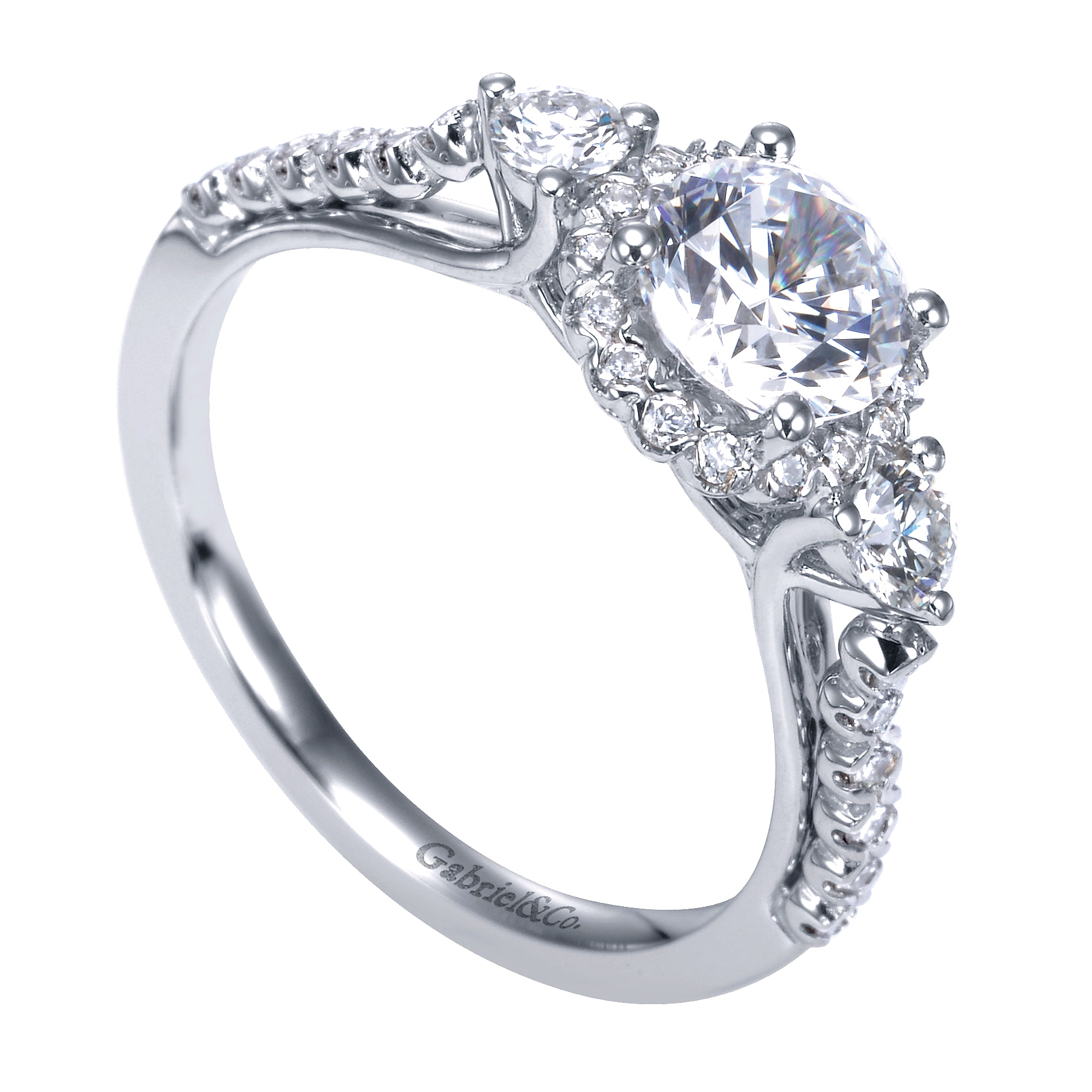 14k White Gold Diamond 3 Stones Halo Engagement Ring angle 3 14k White Gold Diamond 3 Stones Halo Engagement Ring angle 3