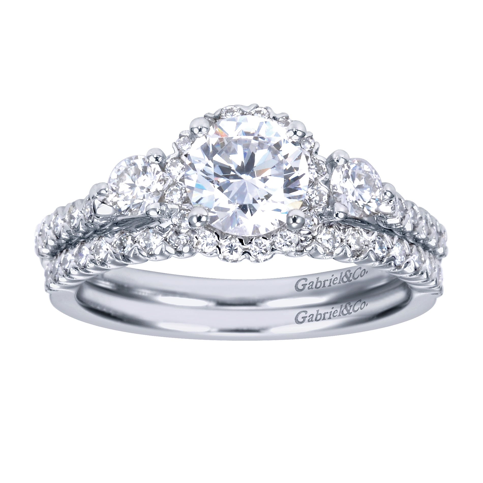 14k White Gold Diamond 3 Stones Halo Engagement Ring angle 4 14k White Gold Diamond 3 Stones Halo Engagement Ring angle 4