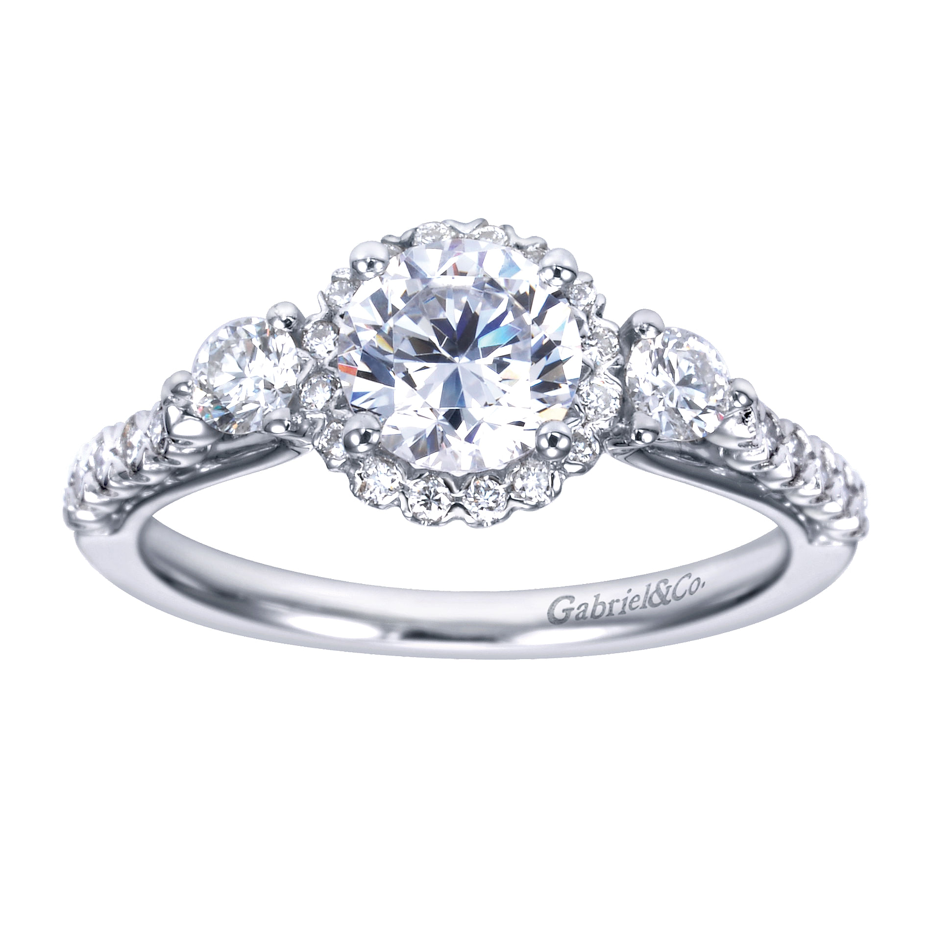 14k White Gold Diamond 3 Stones Halo Engagement Ring angle 5 14k White Gold Diamond 3 Stones Halo Engagement Ring angle 5