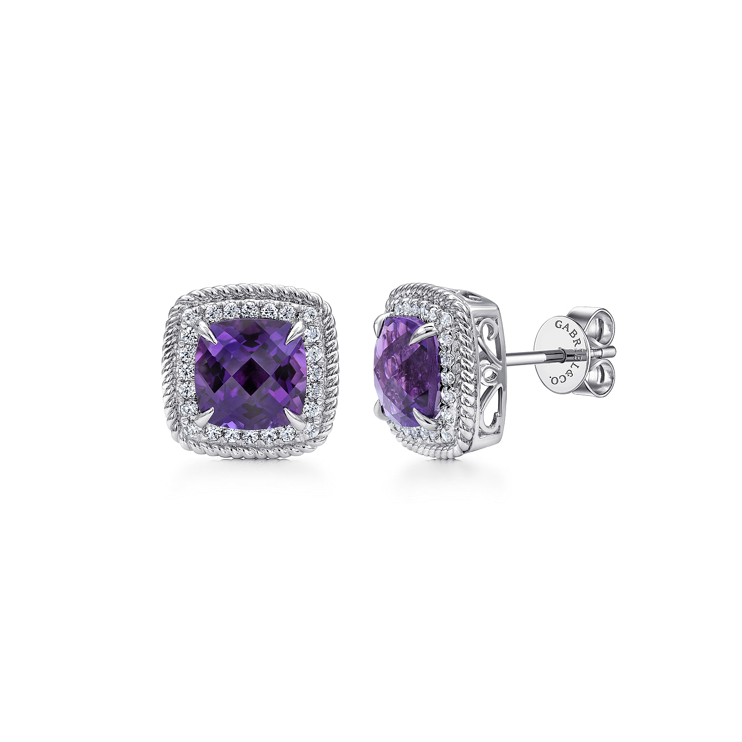 14k White Gold Diamond Amethyst Stud 14k White Gold Diamond Amethyst Stud