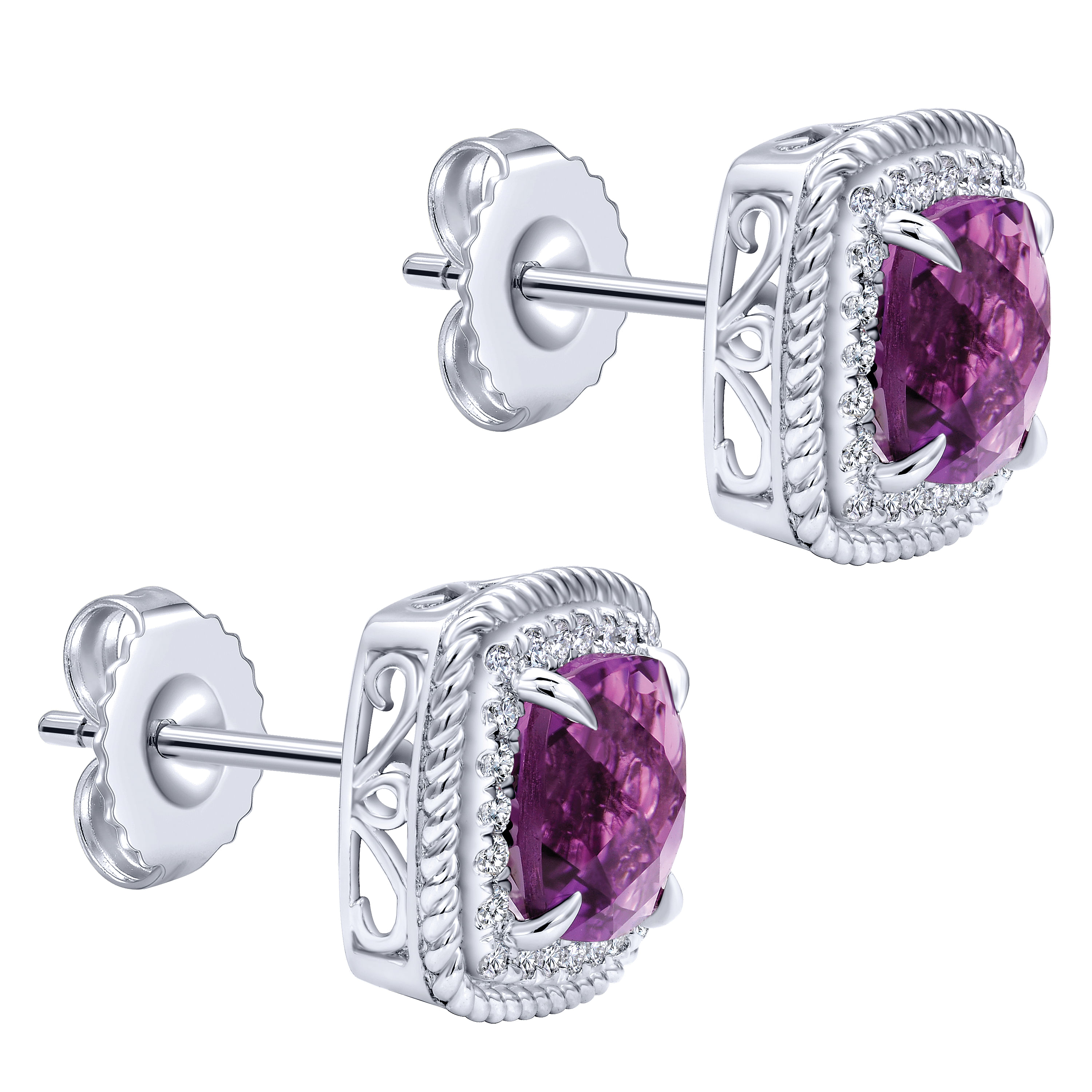 14k White Gold Diamond Amethyst Stud Earrings angle 2 14k White Gold Diamond Amethyst Stud Earrings angle 2
