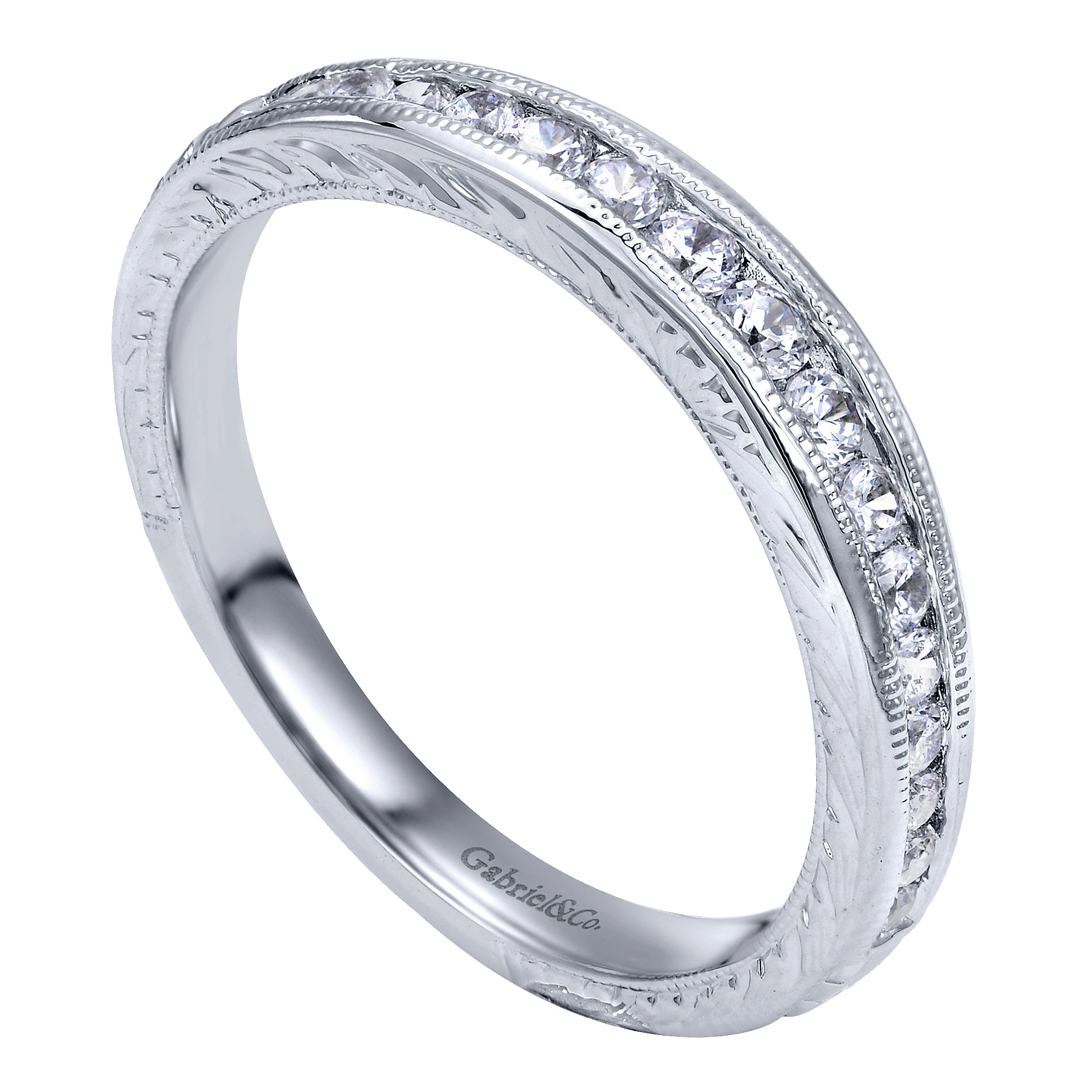14k White Gold Diamond Curved Wedding Band angle 3 14k White Gold Diamond Curved Wedding Band angle 3